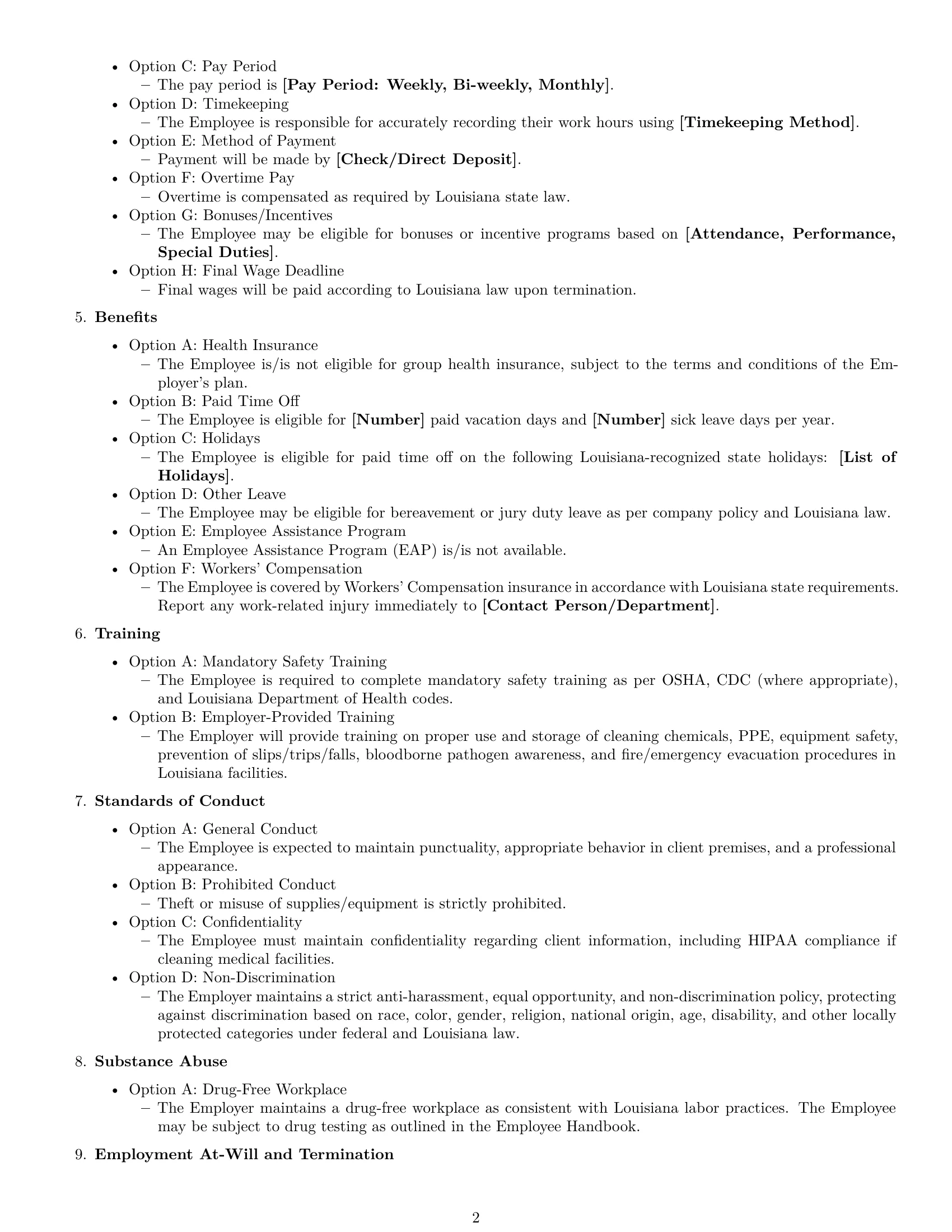 Preview page 2 of Free Louisiana cleaner employment contract template