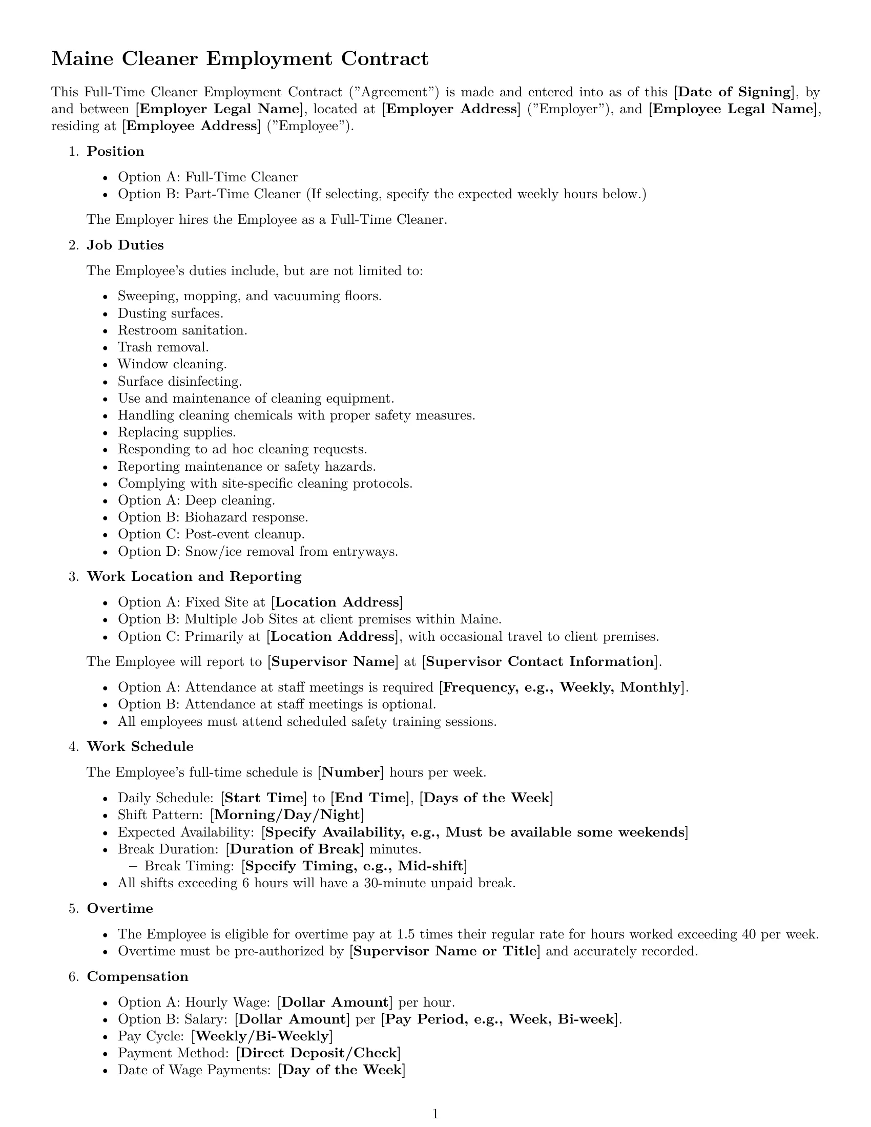 Preview page 1 of Free Maine cleaner employment contract template
