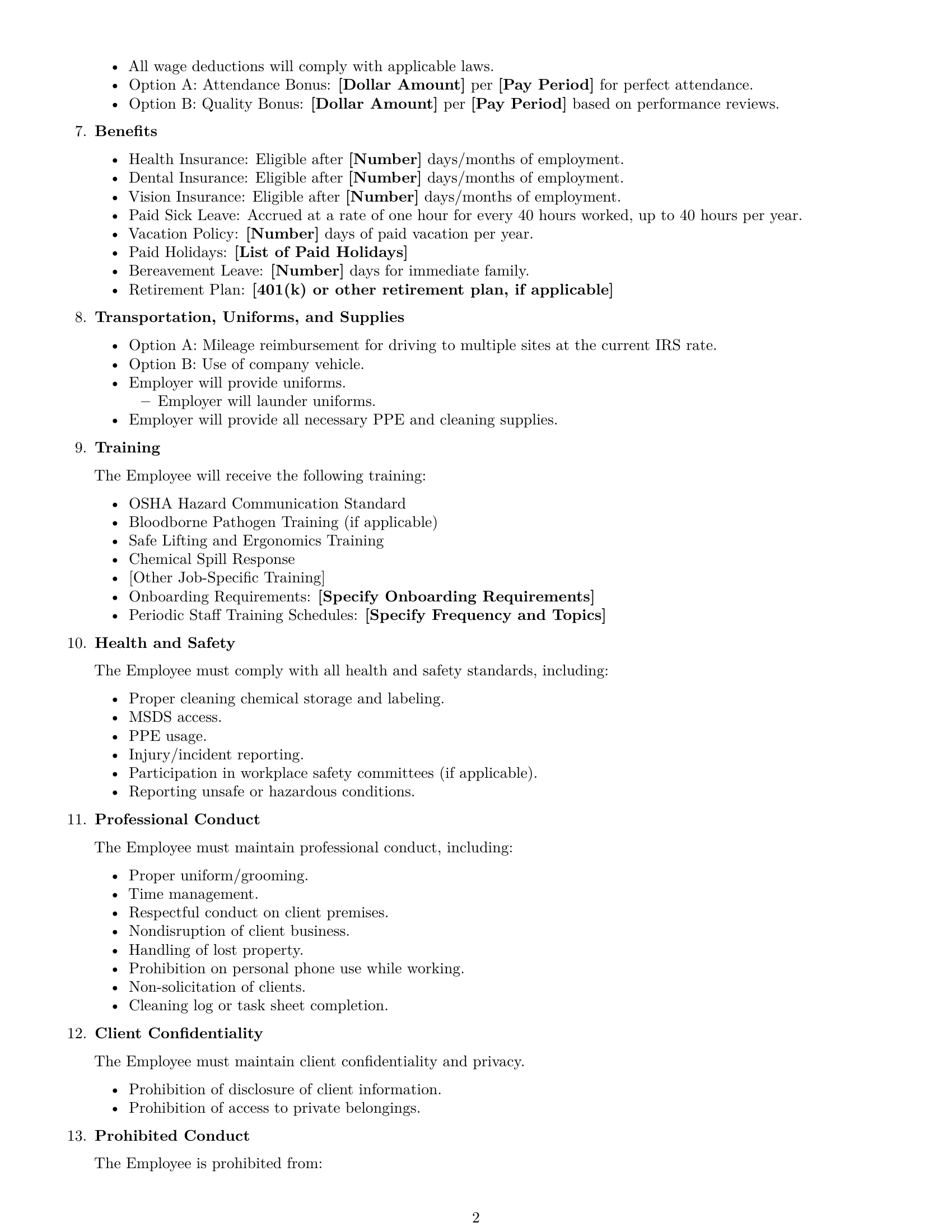 Preview page 2 of Free Maine cleaner employment contract template