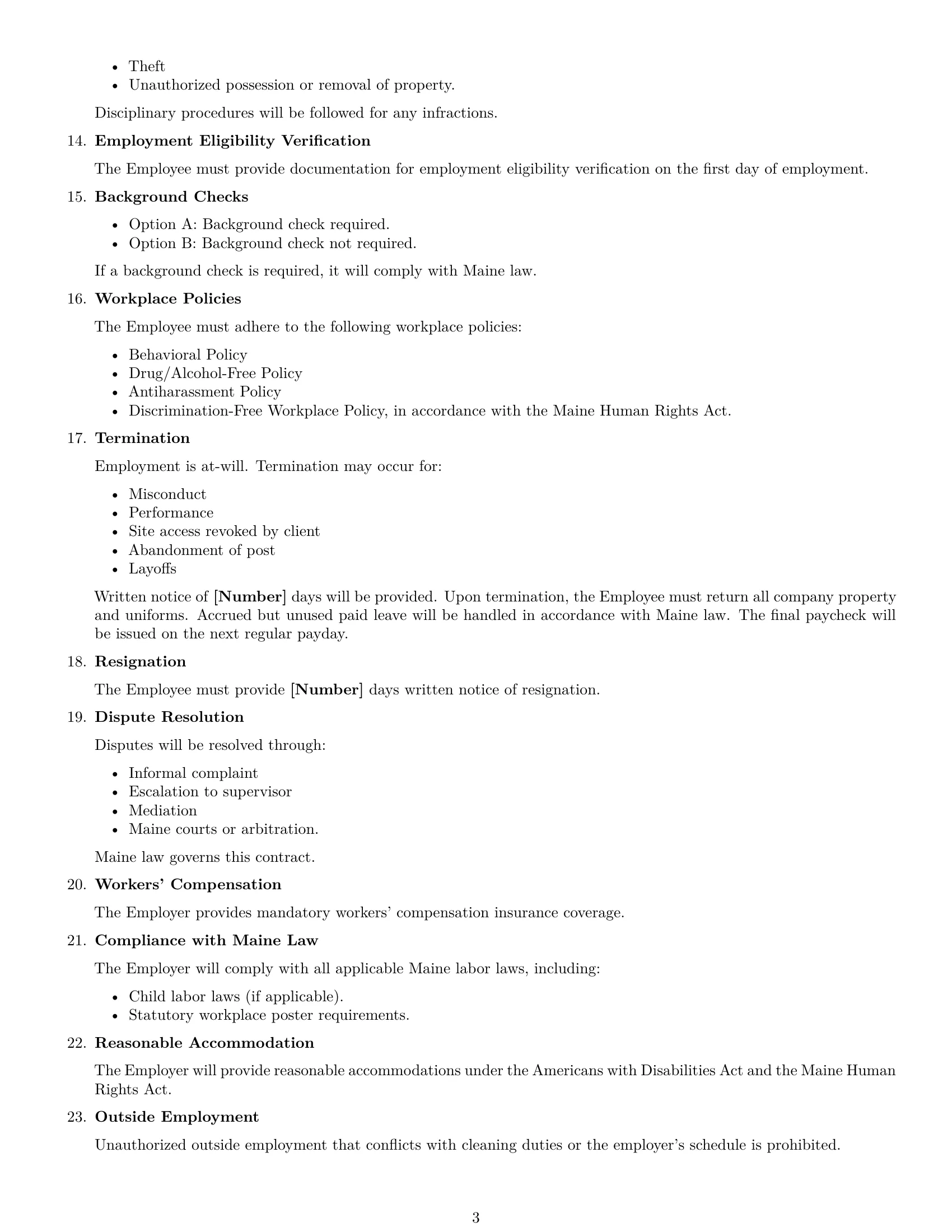 Preview page 3 of Free Maine cleaner employment contract template