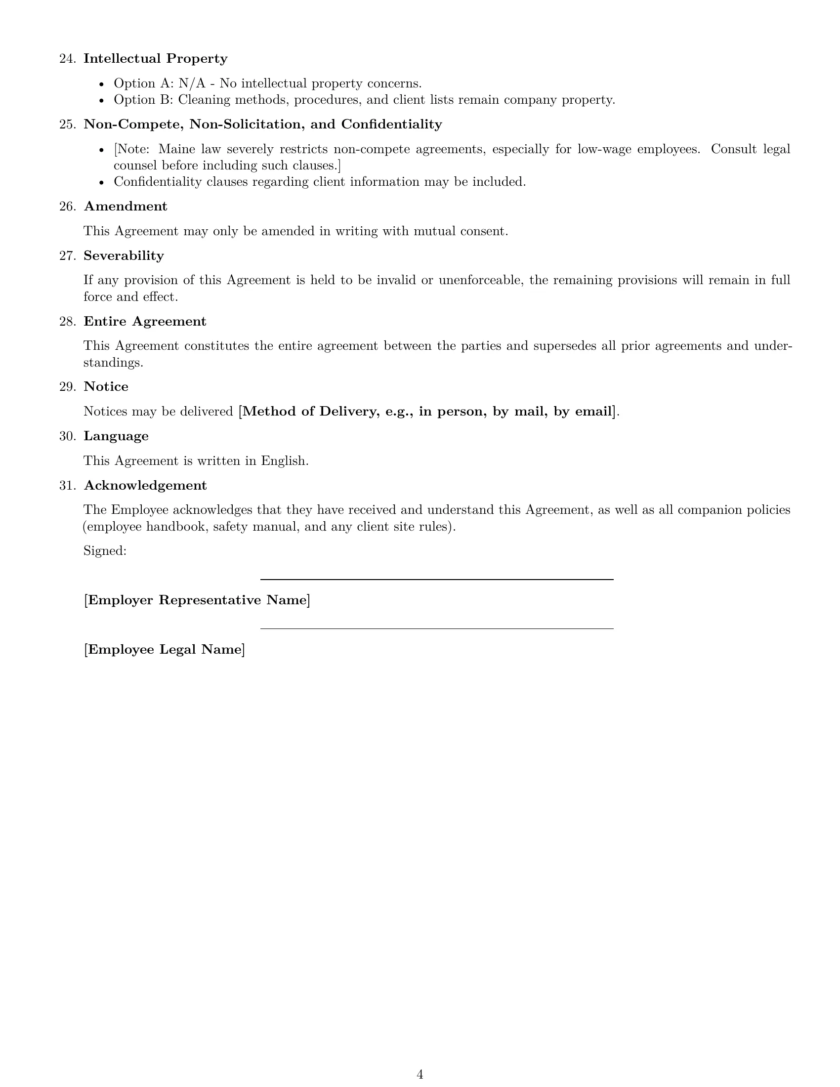 Preview page 4 of Free Maine cleaner employment contract template