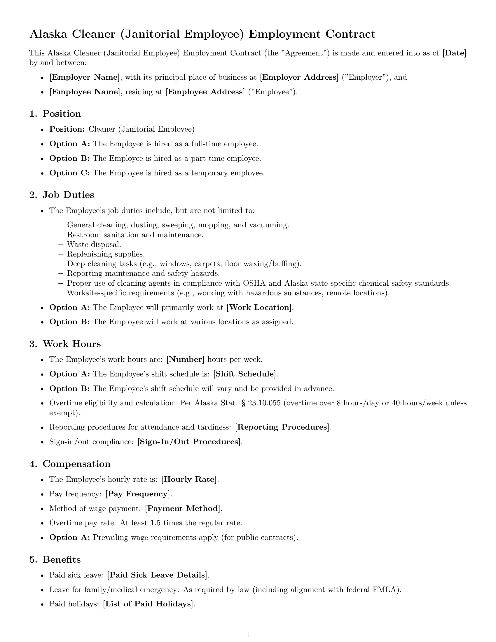 Preview page 1 of Free Alaska cleaner employment contract template