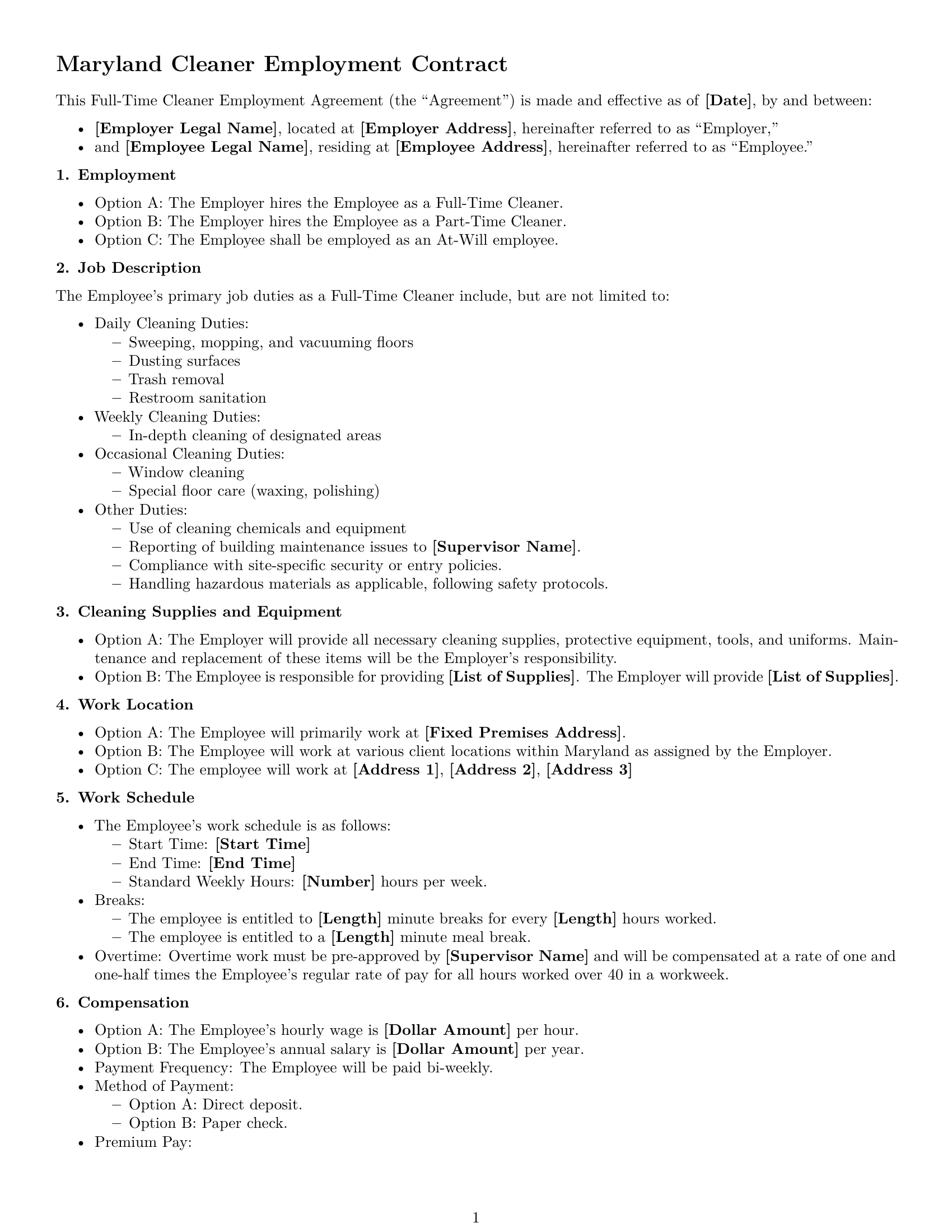 Preview page 1 of Free Maryland cleaner employment contract template
