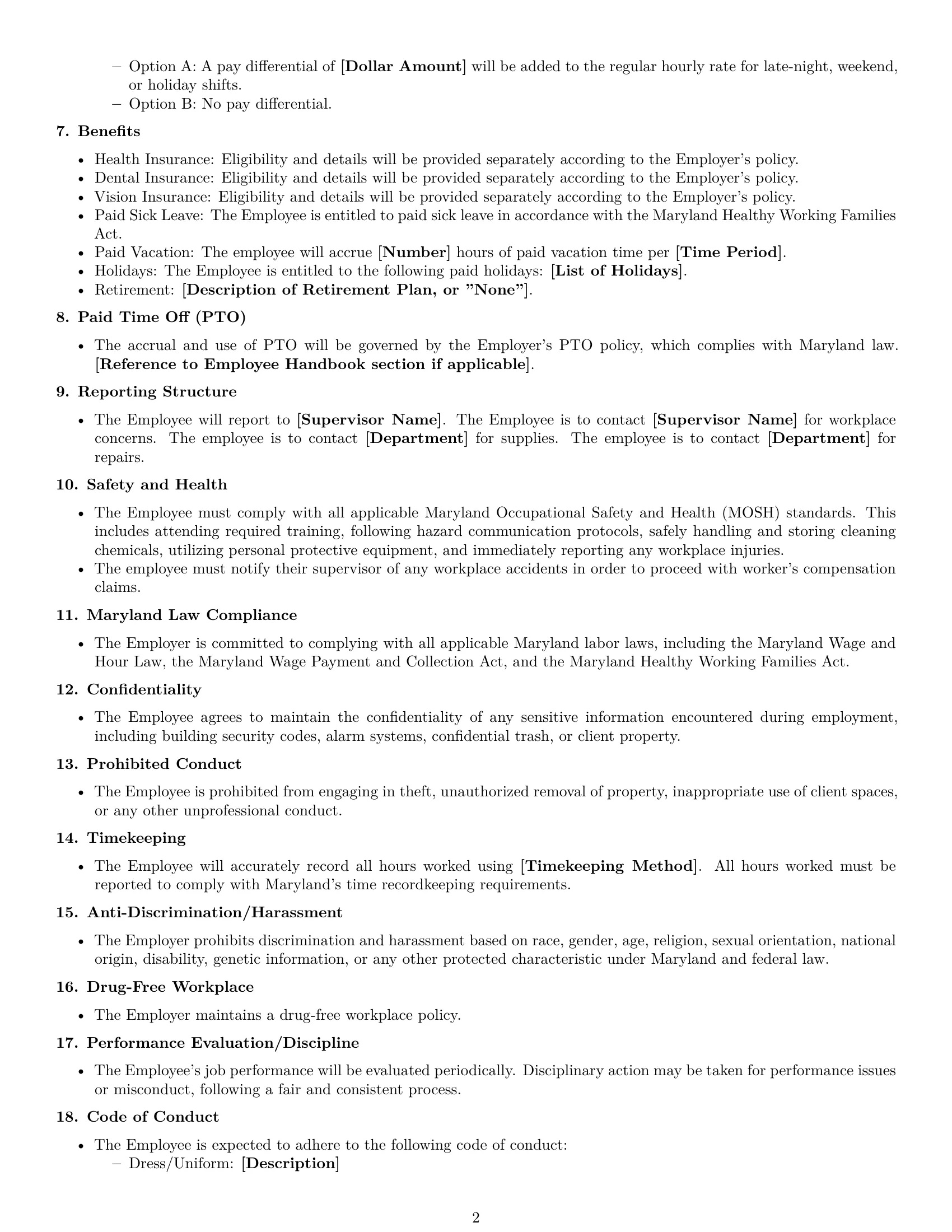 Preview page 2 of Free Maryland cleaner employment contract template