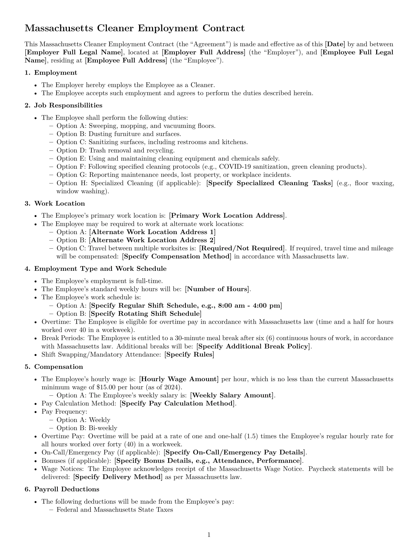 Preview page 1 of Free Massachusetts cleaner employment contract template