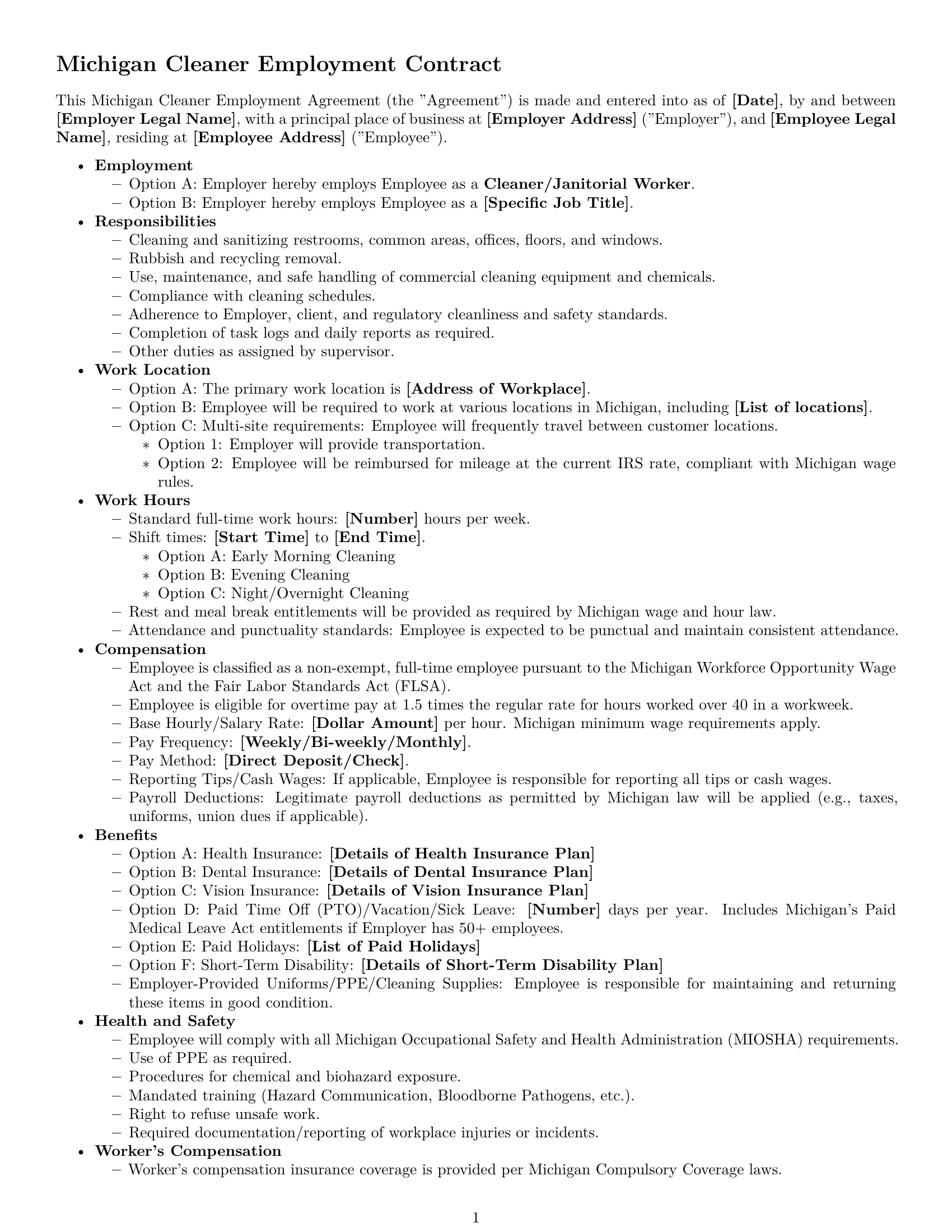 Preview page 1 of Free Michigan cleaner employment contract template