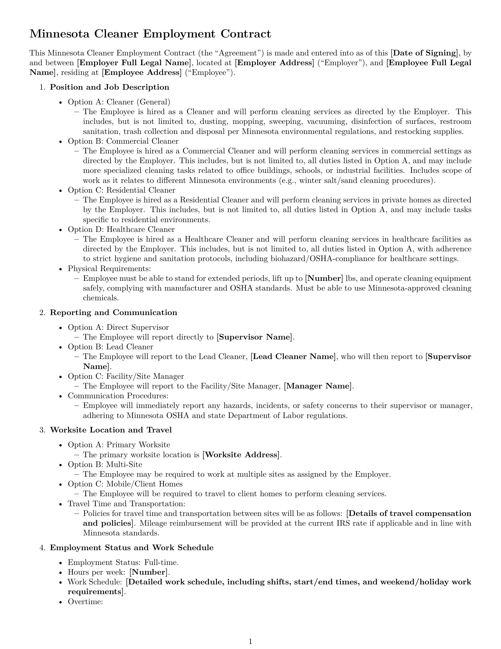 Preview page 1 of Free Minnesota cleaner employment contract template