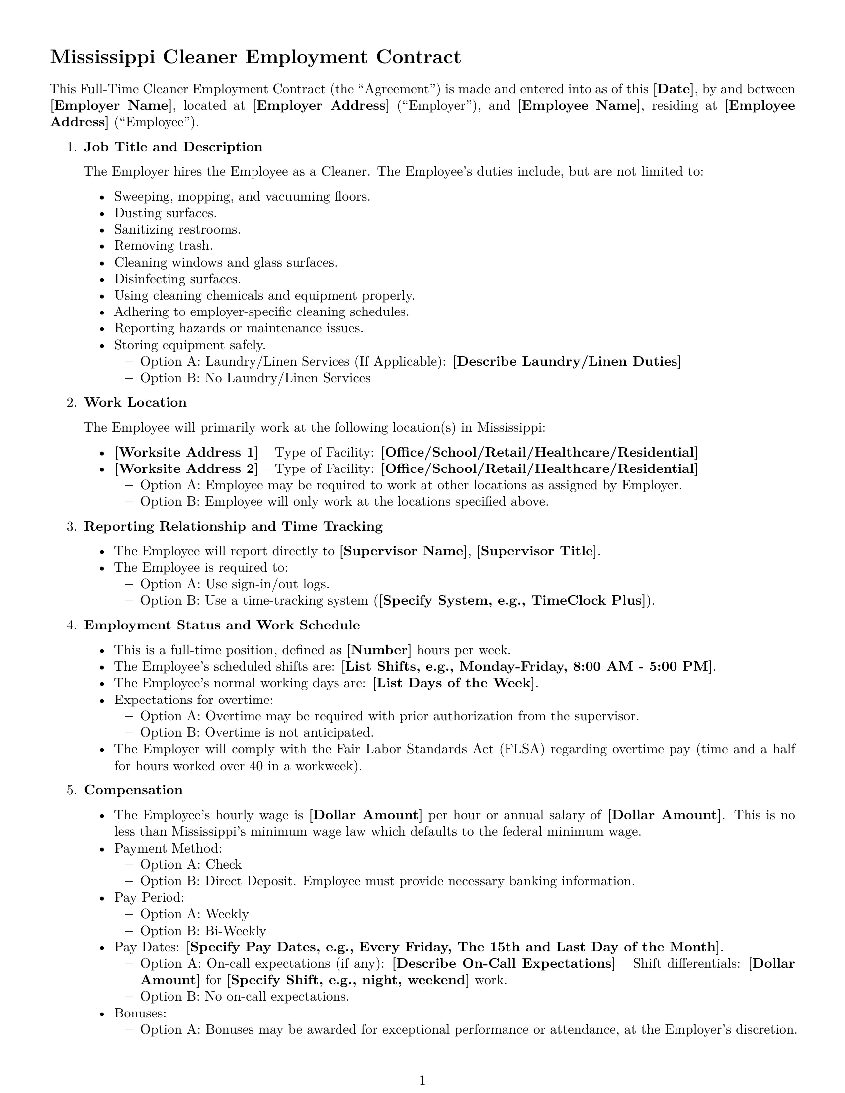 Preview page 1 of Free Mississippi cleaner employment contract template