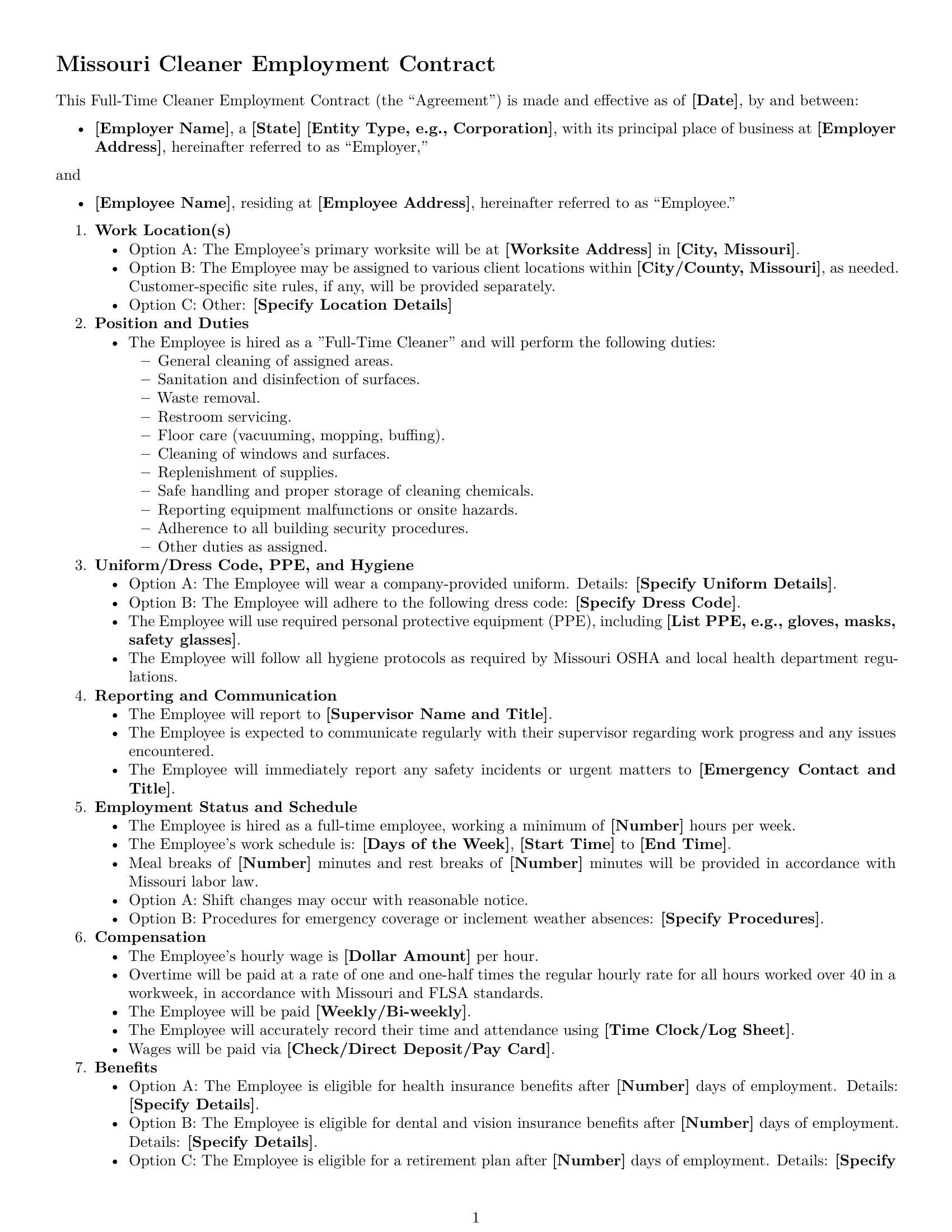 Preview page 1 of Free Missouri cleaner employment contract template