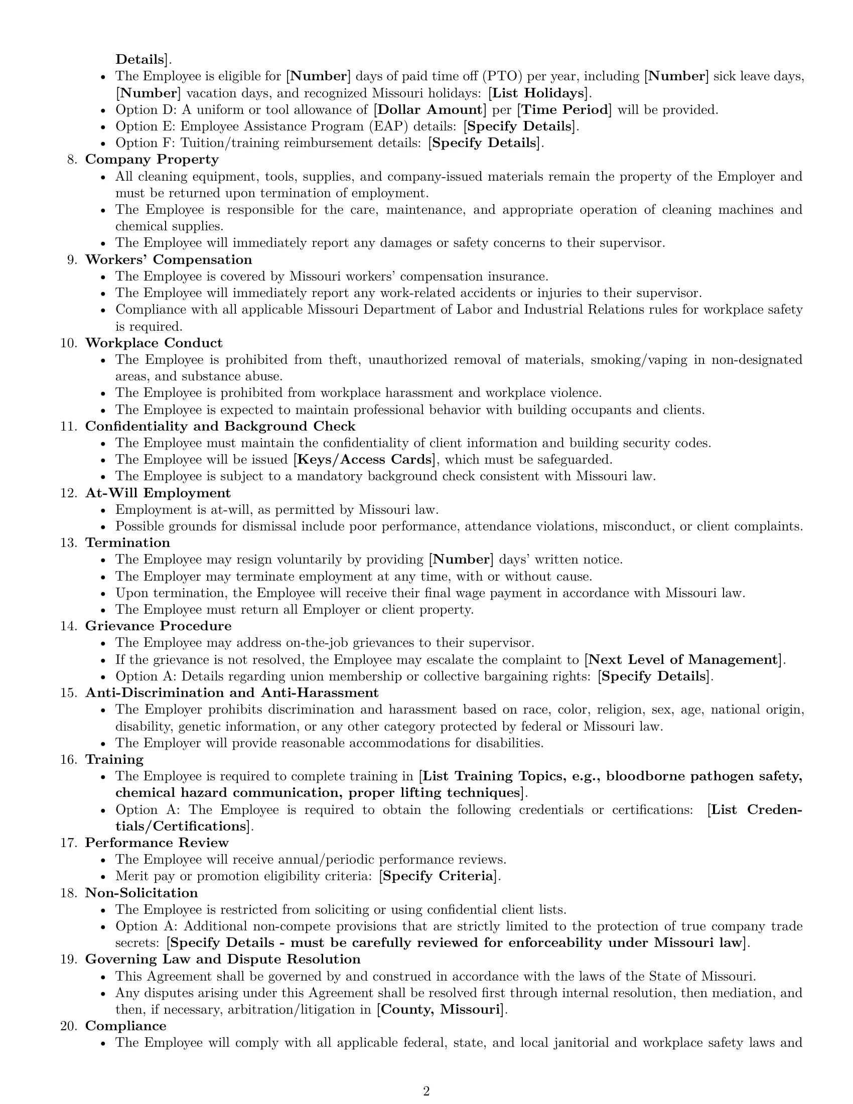 Preview page 2 of Free Missouri cleaner employment contract template
