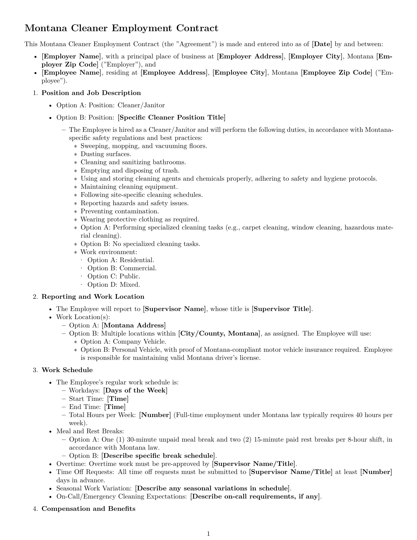 Preview page 1 of Free Montana cleaner employment contract template