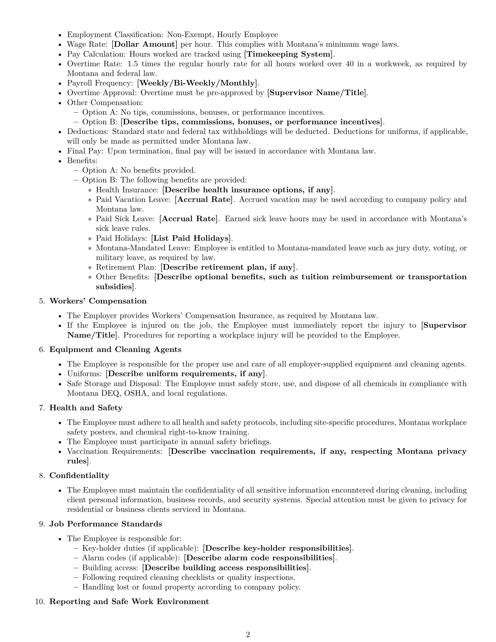 Preview page 2 of Free Montana cleaner employment contract template