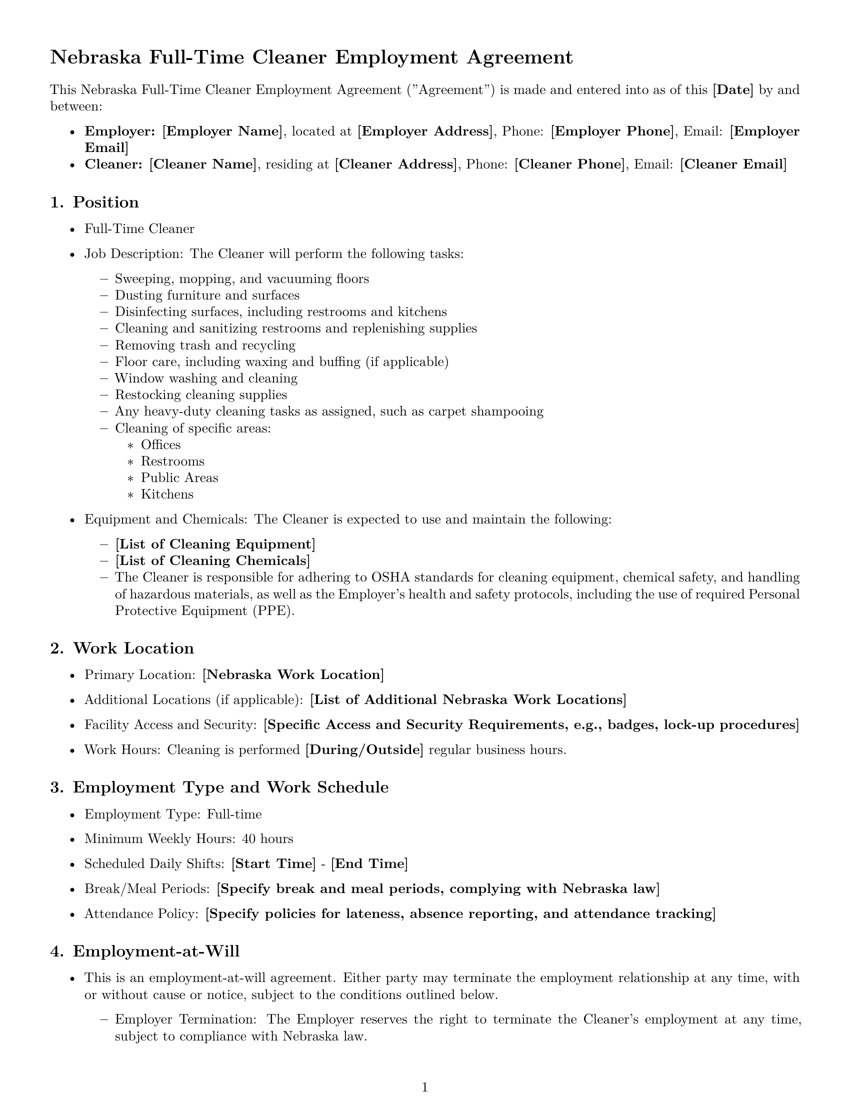 Preview page 1 of Free Nebraska cleaner employment contract template