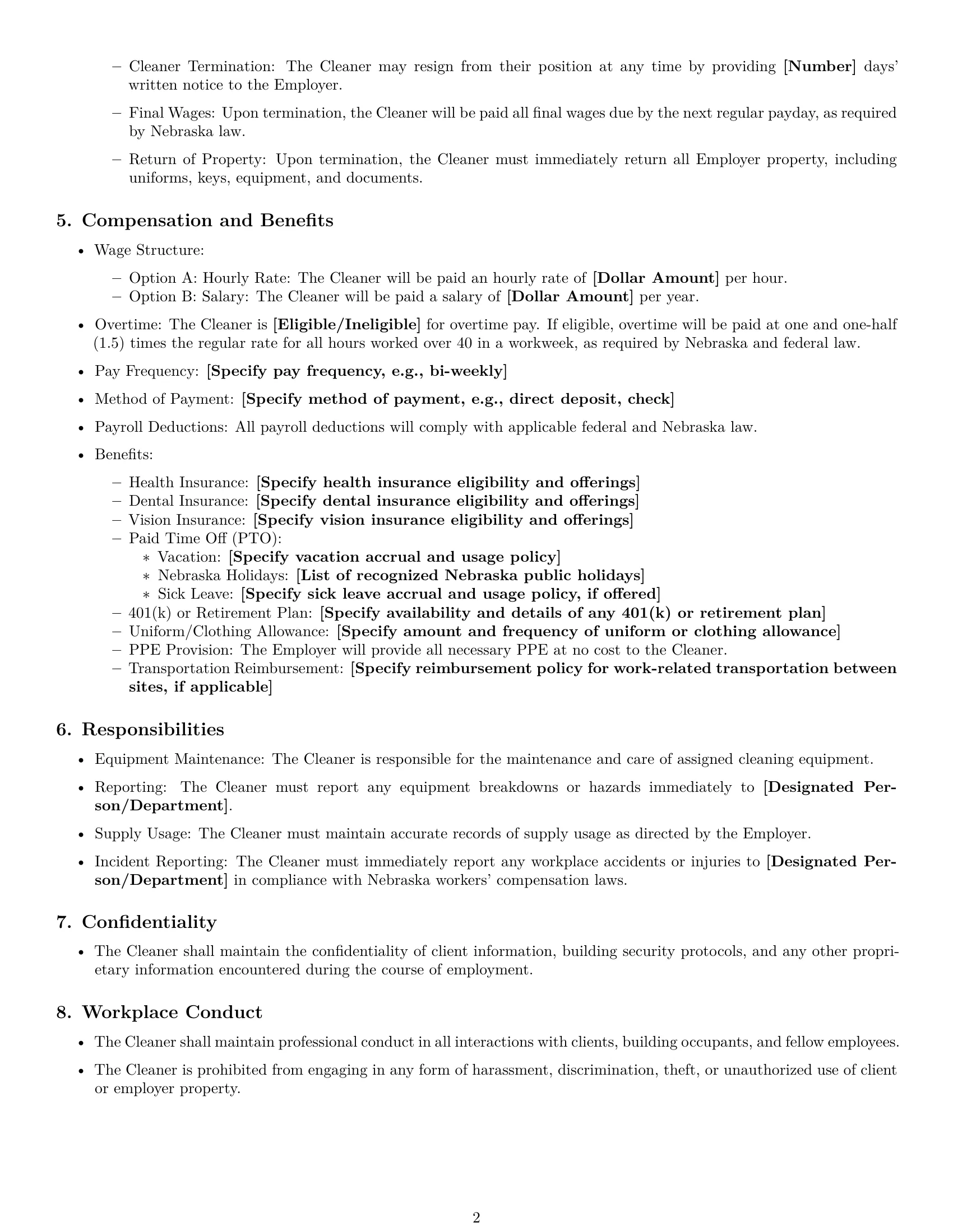 Preview page 2 of Free Nebraska cleaner employment contract template