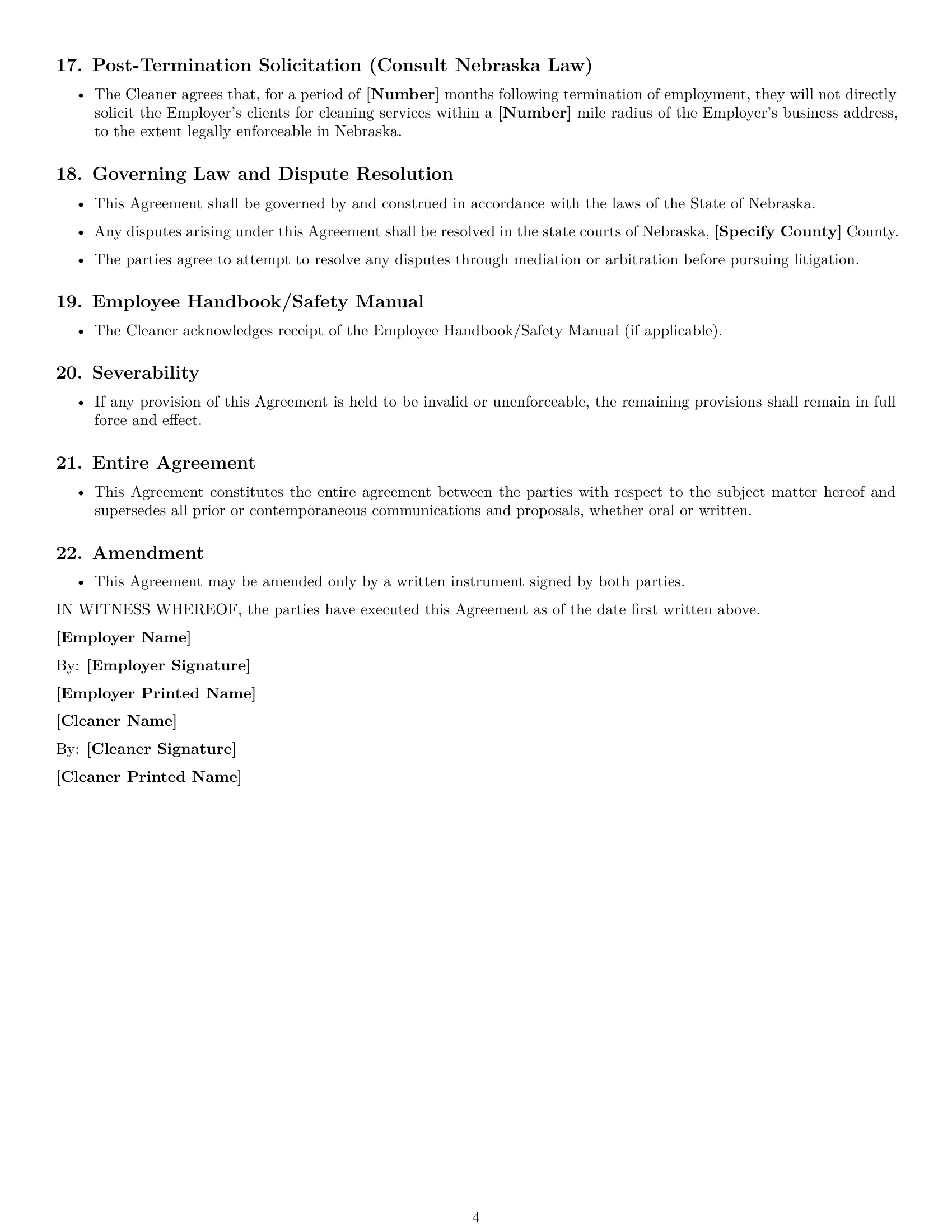 Preview page 4 of Free Nebraska cleaner employment contract template