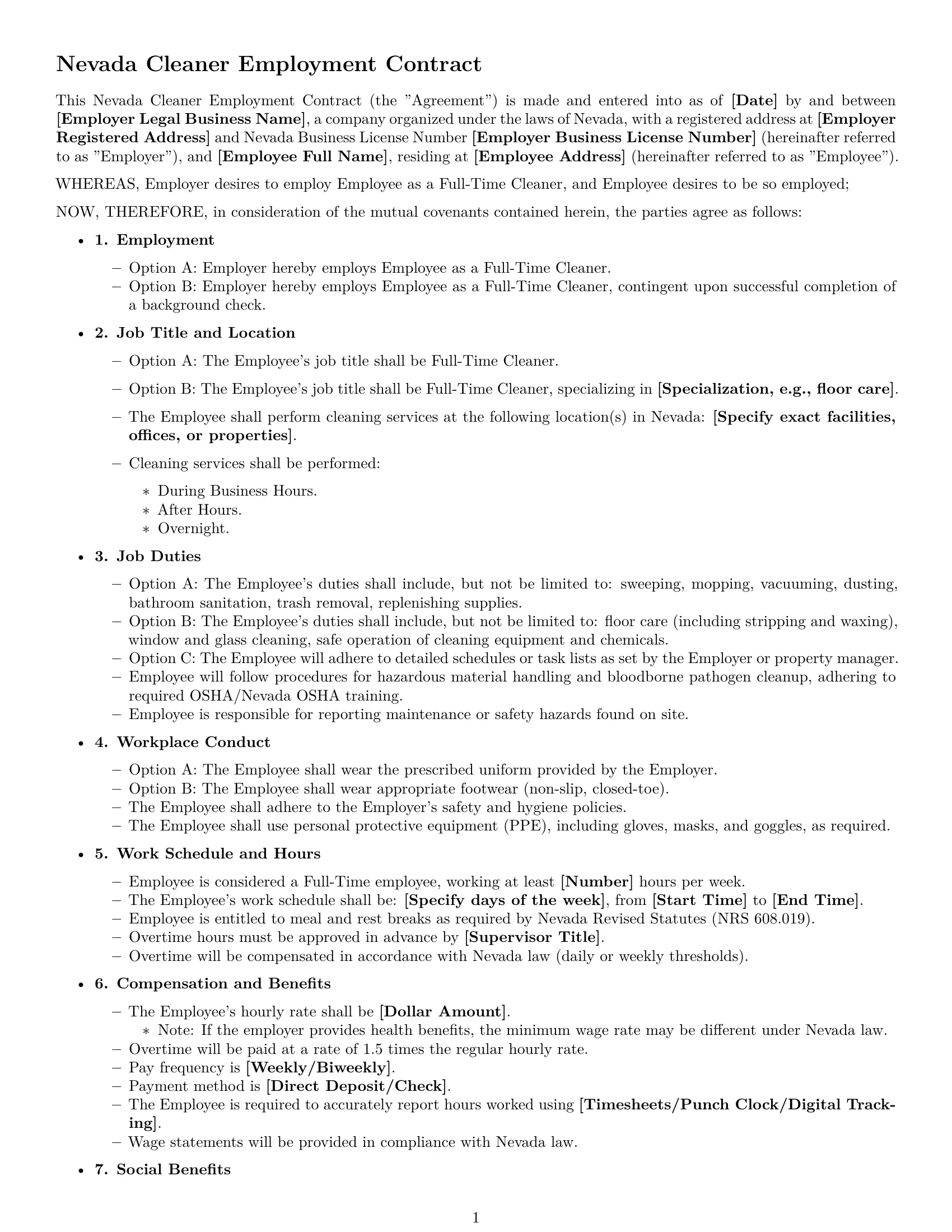 Preview page 1 of Free Nevada cleaner employment contract template