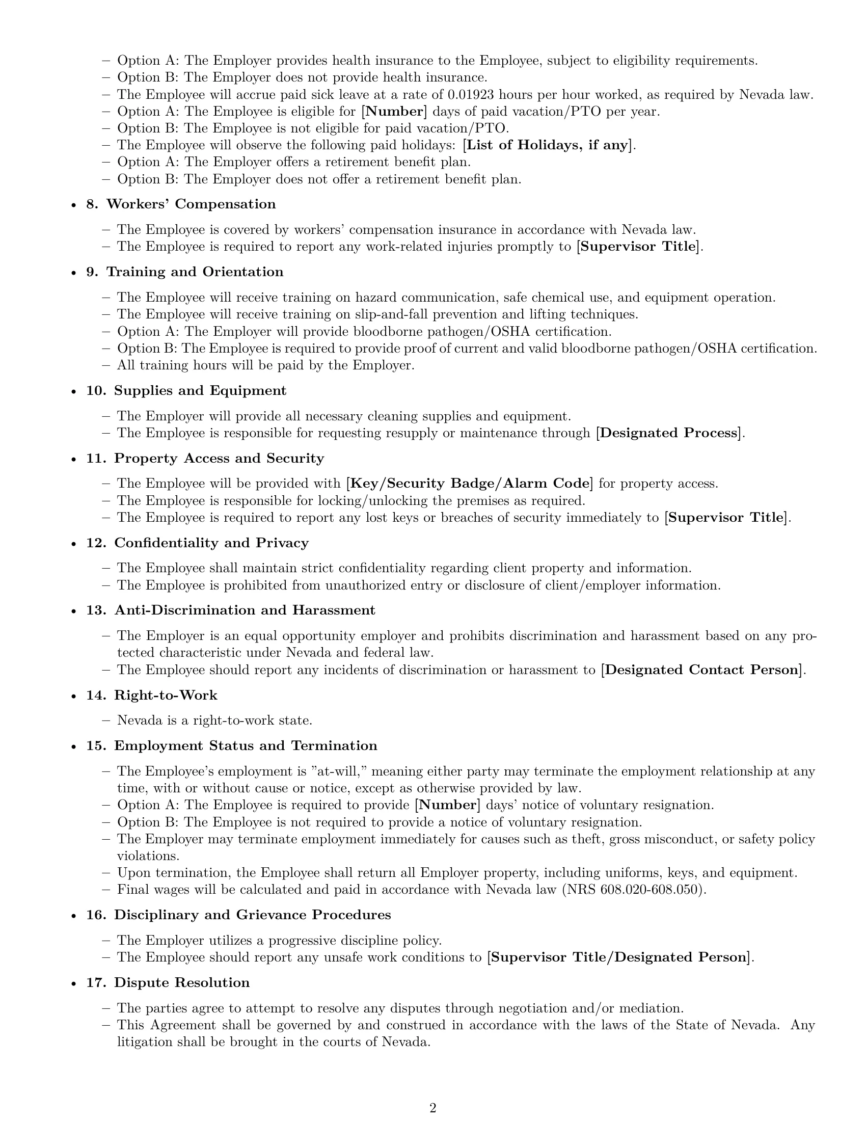 Preview page 2 of Free Nevada cleaner employment contract template
