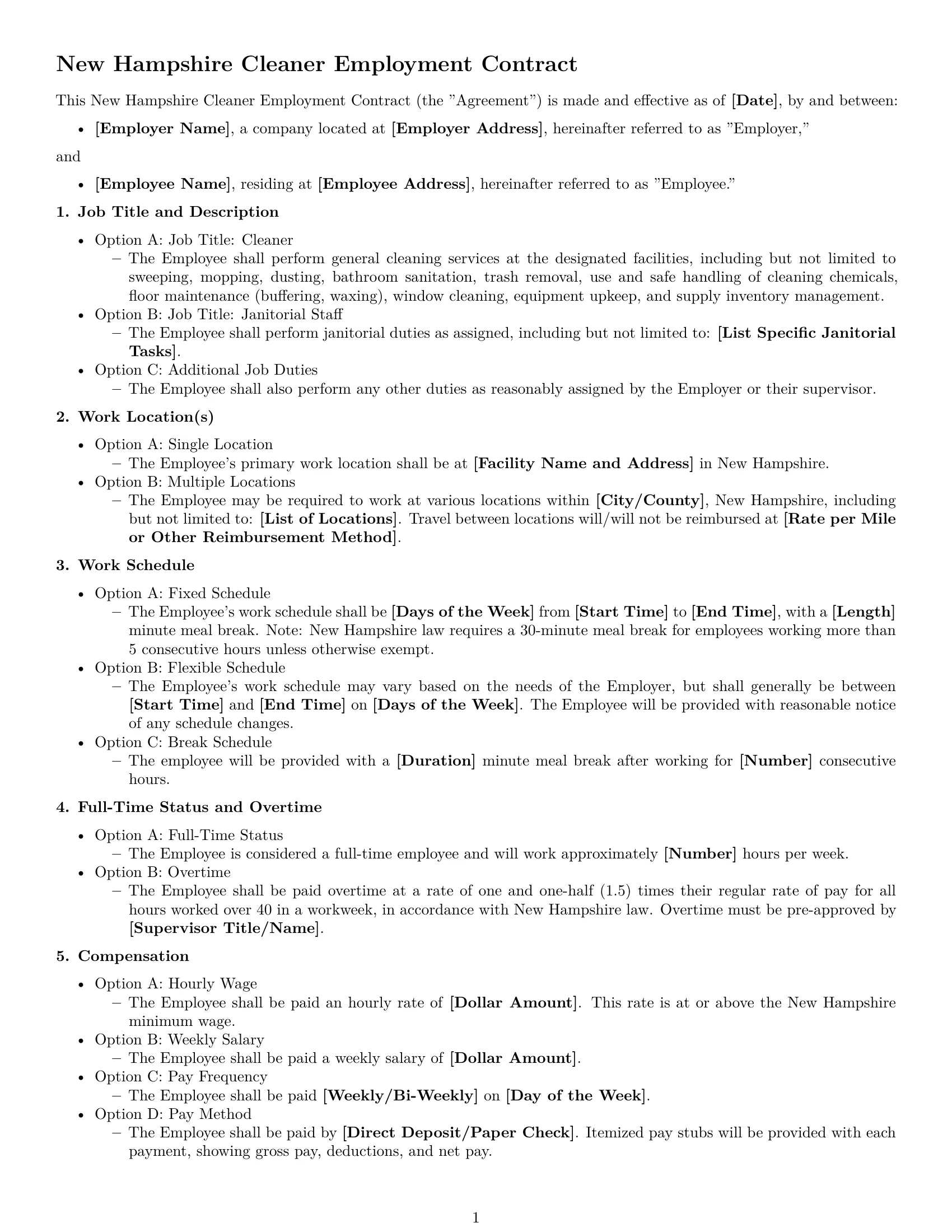Preview page 1 of Free New Hampshire cleaner employment contract template