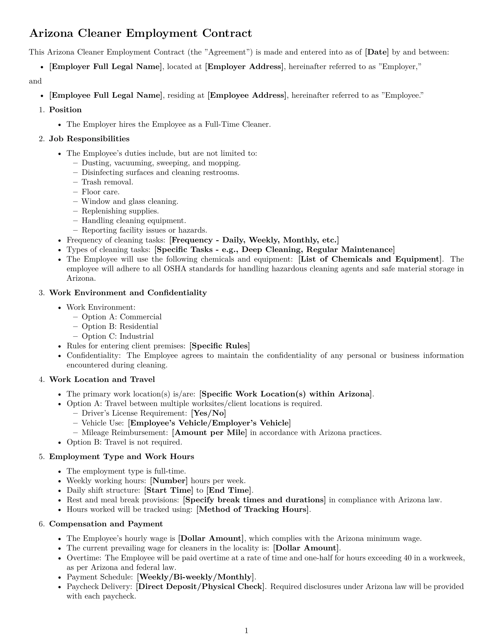 Preview page 1 of Free Arizona cleaner employment contract template