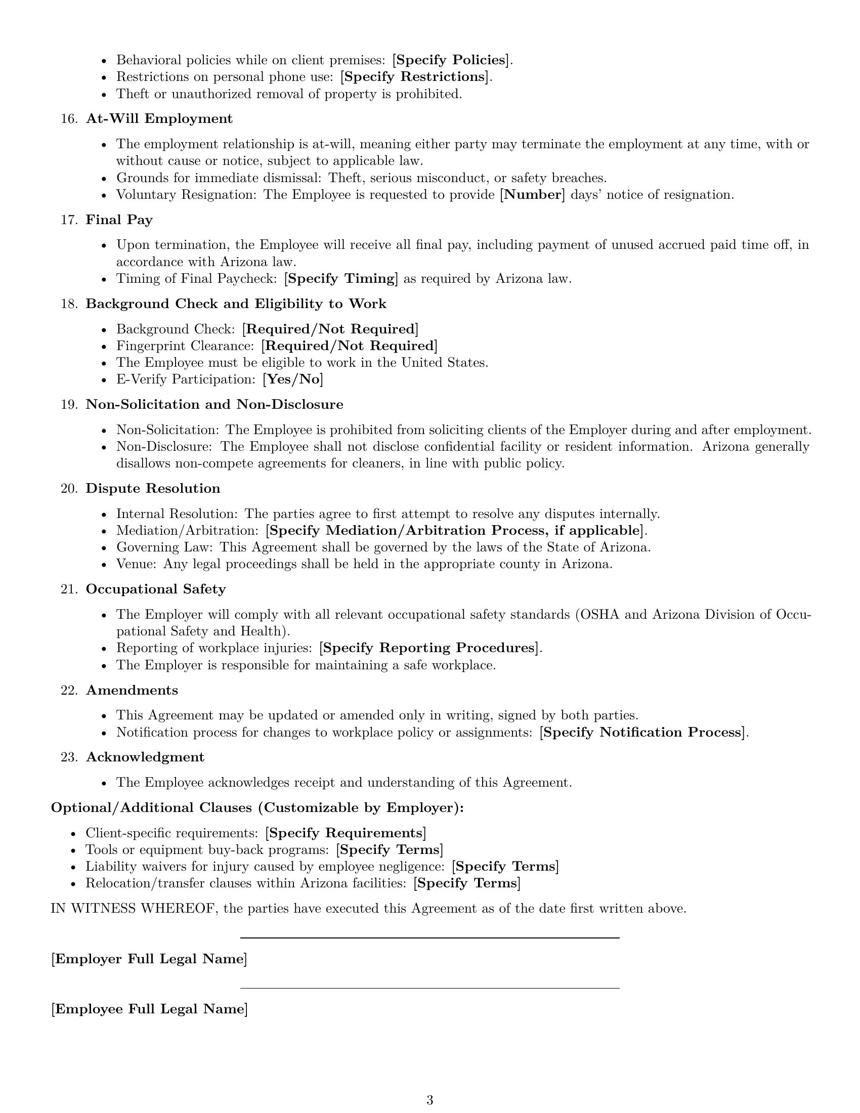 Preview page 3 of Free Arizona cleaner employment contract template
