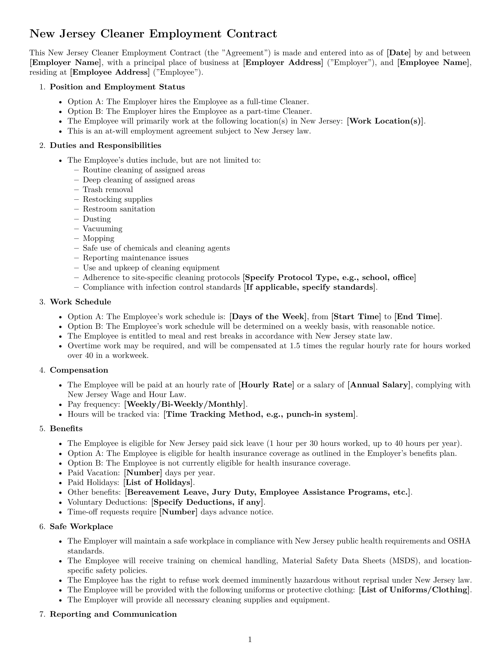 Preview page 1 of Free New Jersey cleaner employment contract template