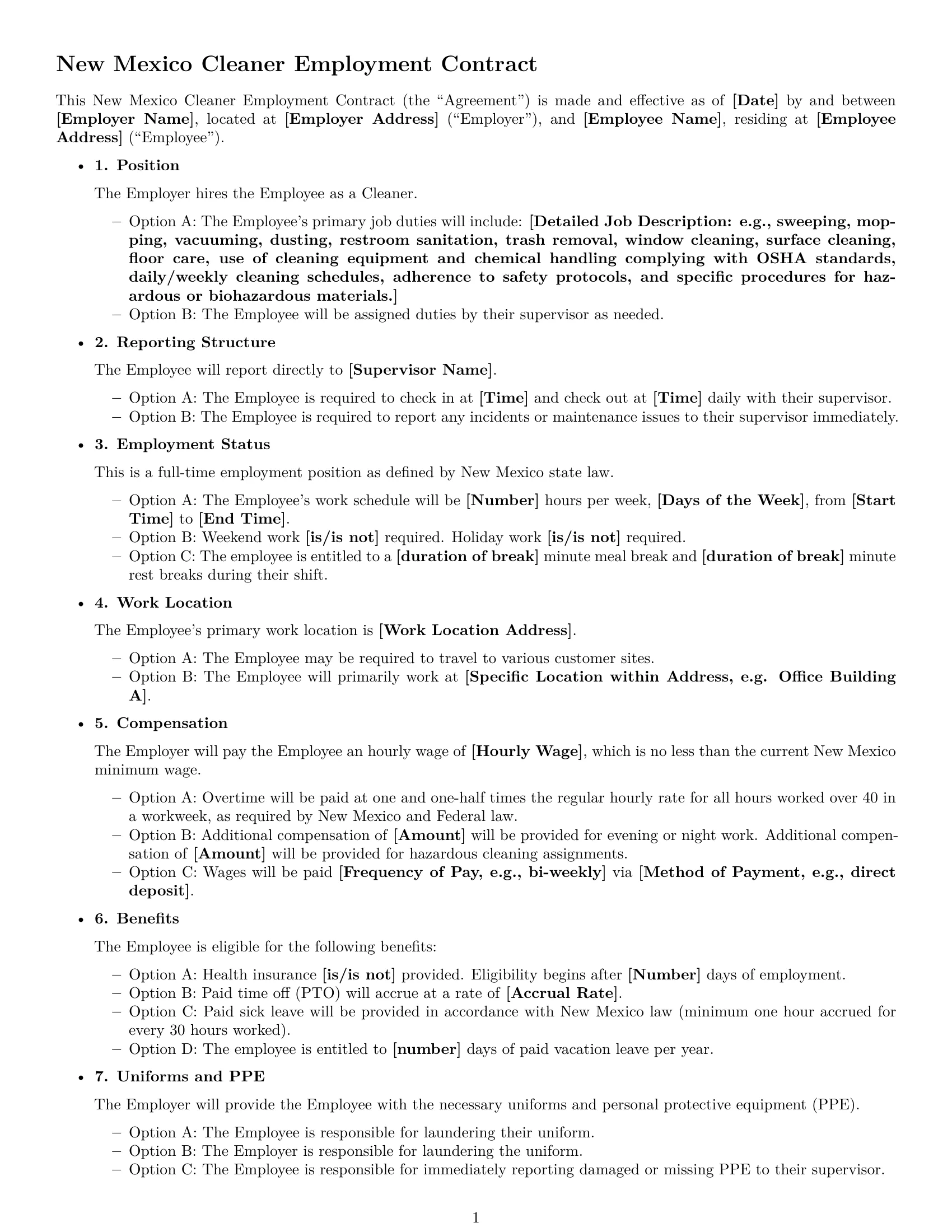 Preview page 1 of Free New Mexico cleaner employment contract template