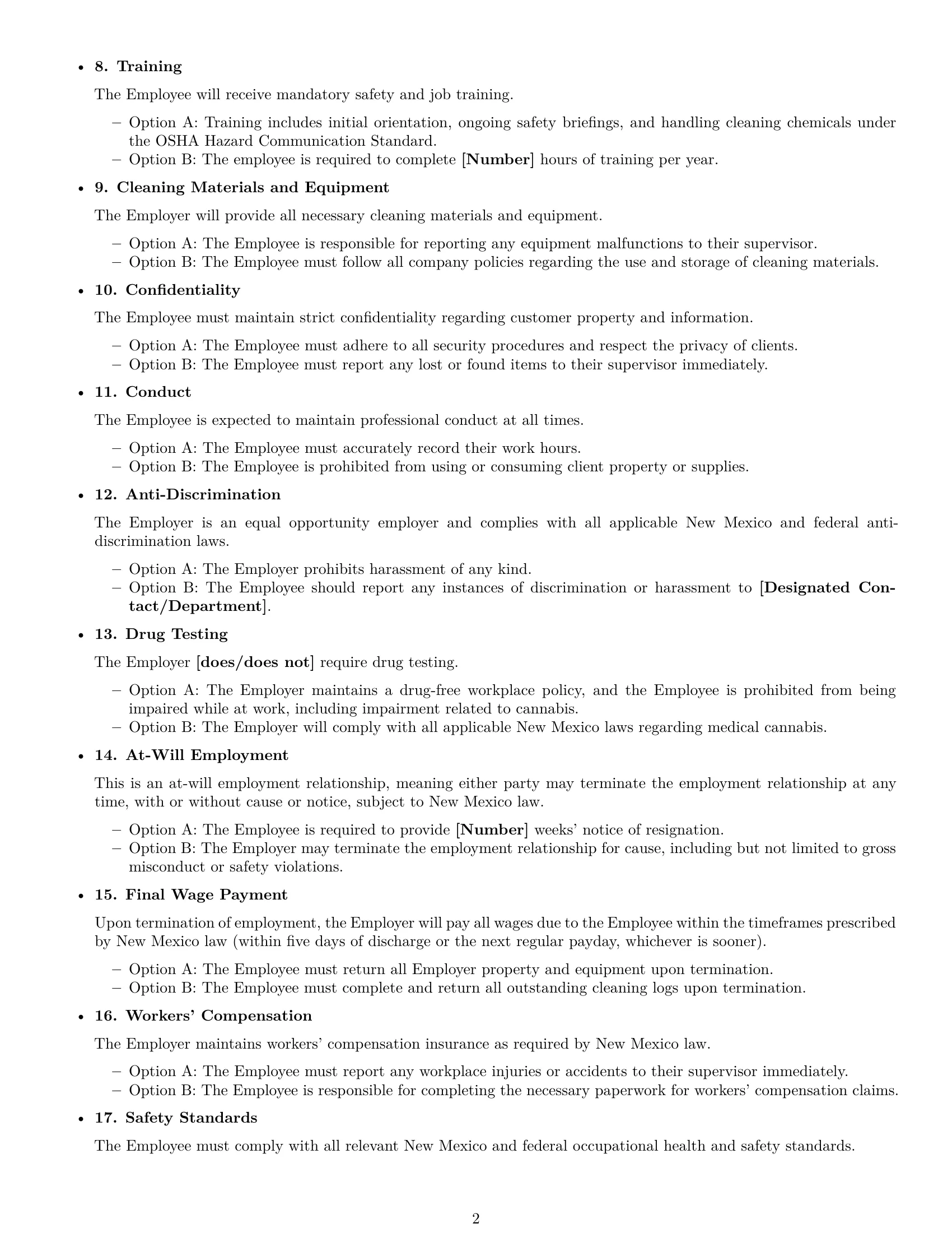 Preview page 2 of Free New Mexico cleaner employment contract template