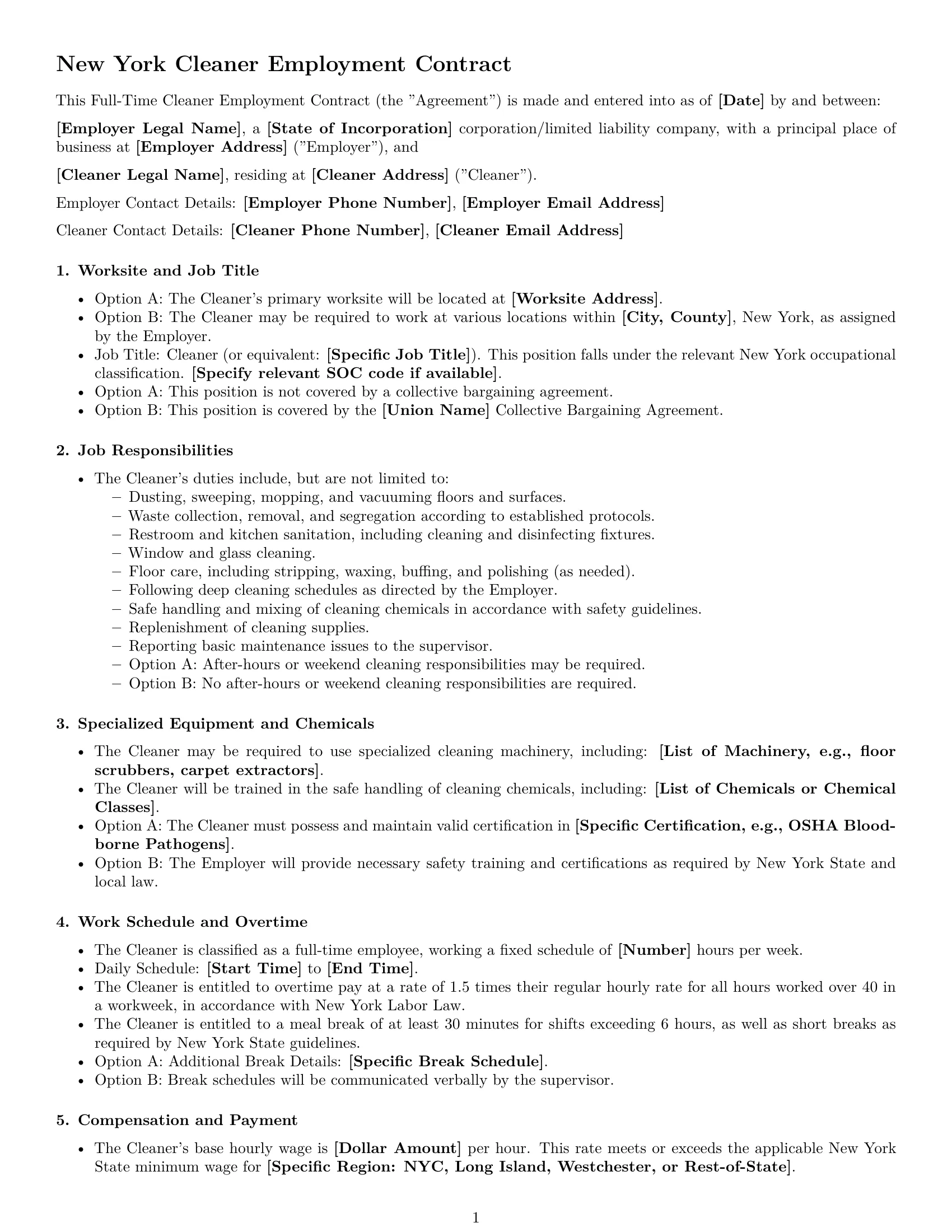 Preview page 1 of Free New York cleaner employment contract template