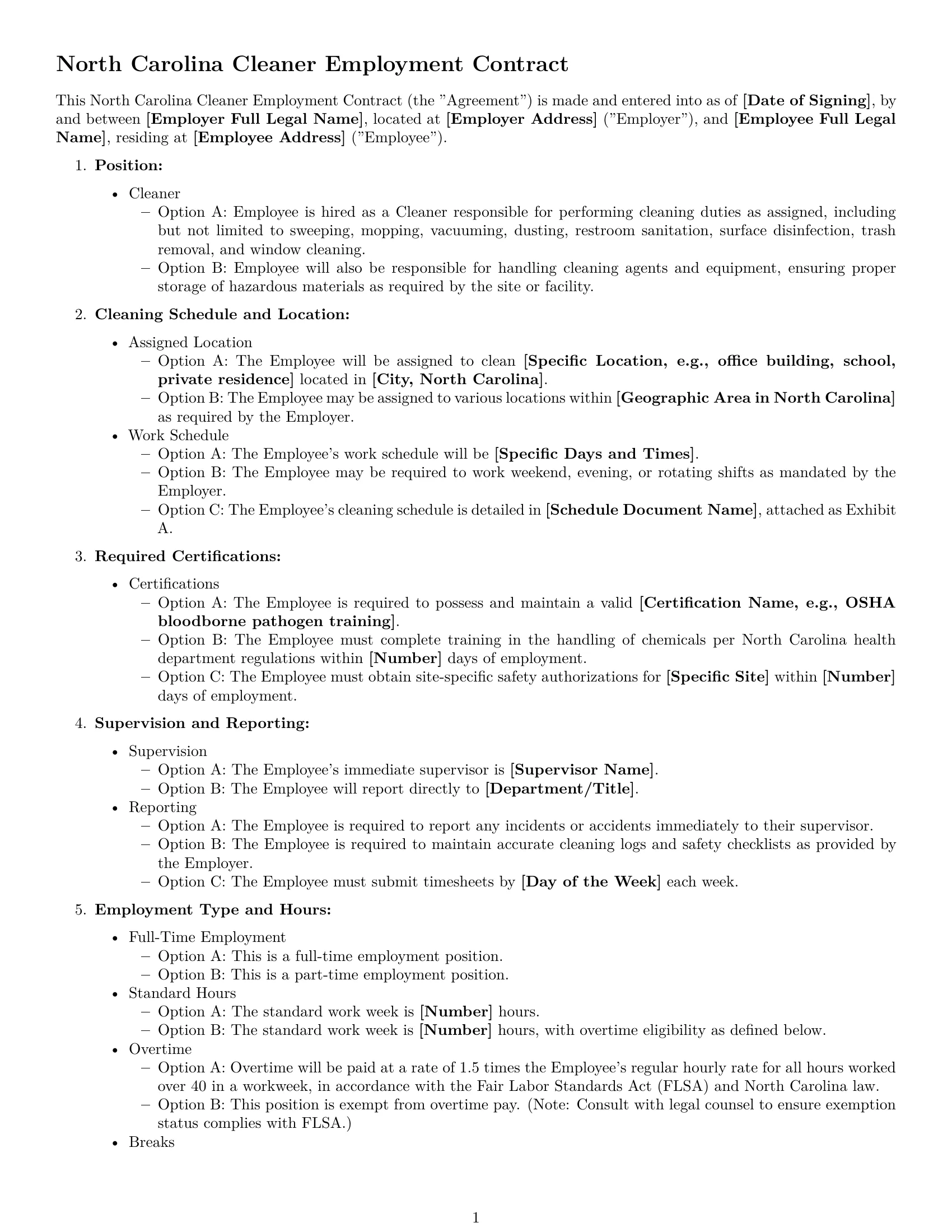 Preview page 1 of Free North Carolina cleaner employment contract template
