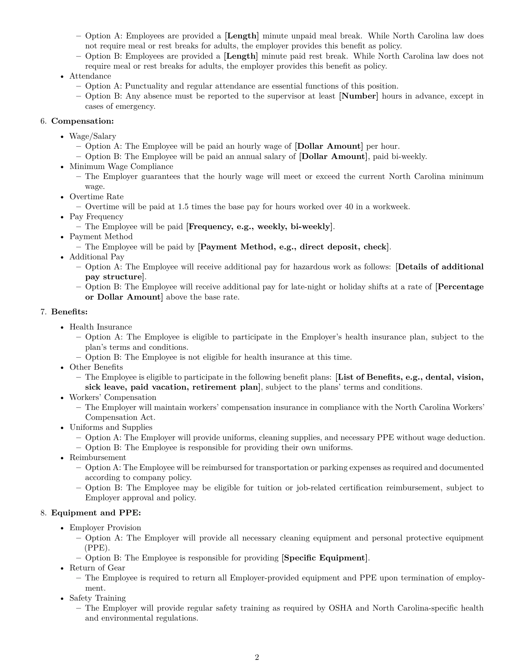 Preview page 2 of Free North Carolina cleaner employment contract template