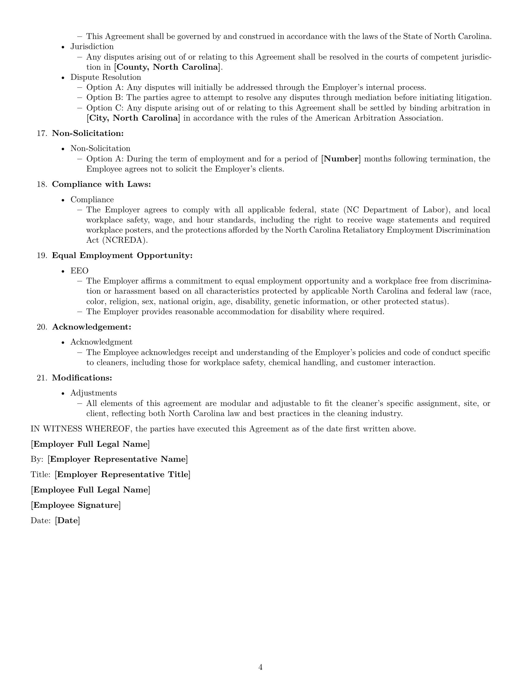 Preview page 4 of Free North Carolina cleaner employment contract template
