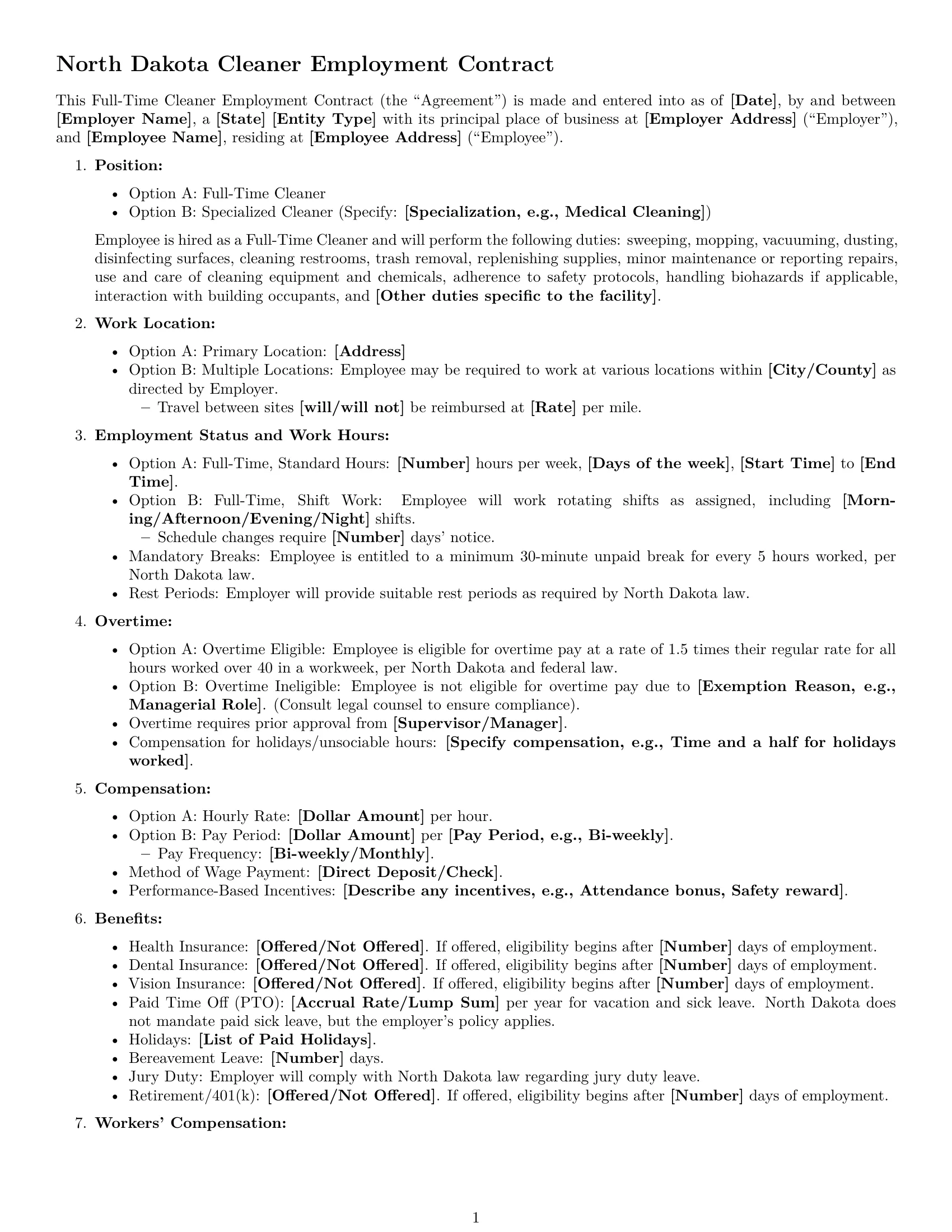 Preview page 1 of Free North Dakota cleaner employment contract template