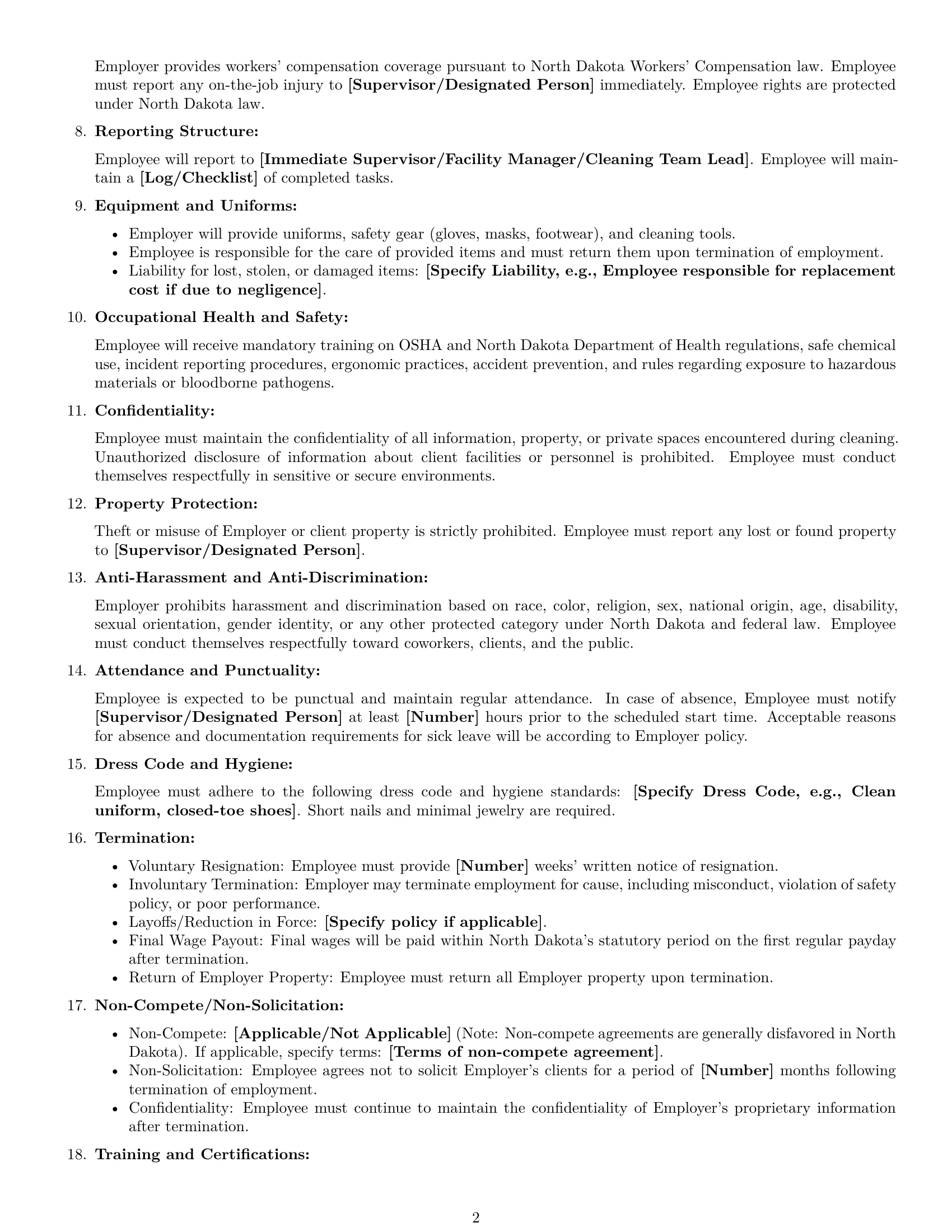 Preview page 2 of Free North Dakota cleaner employment contract template