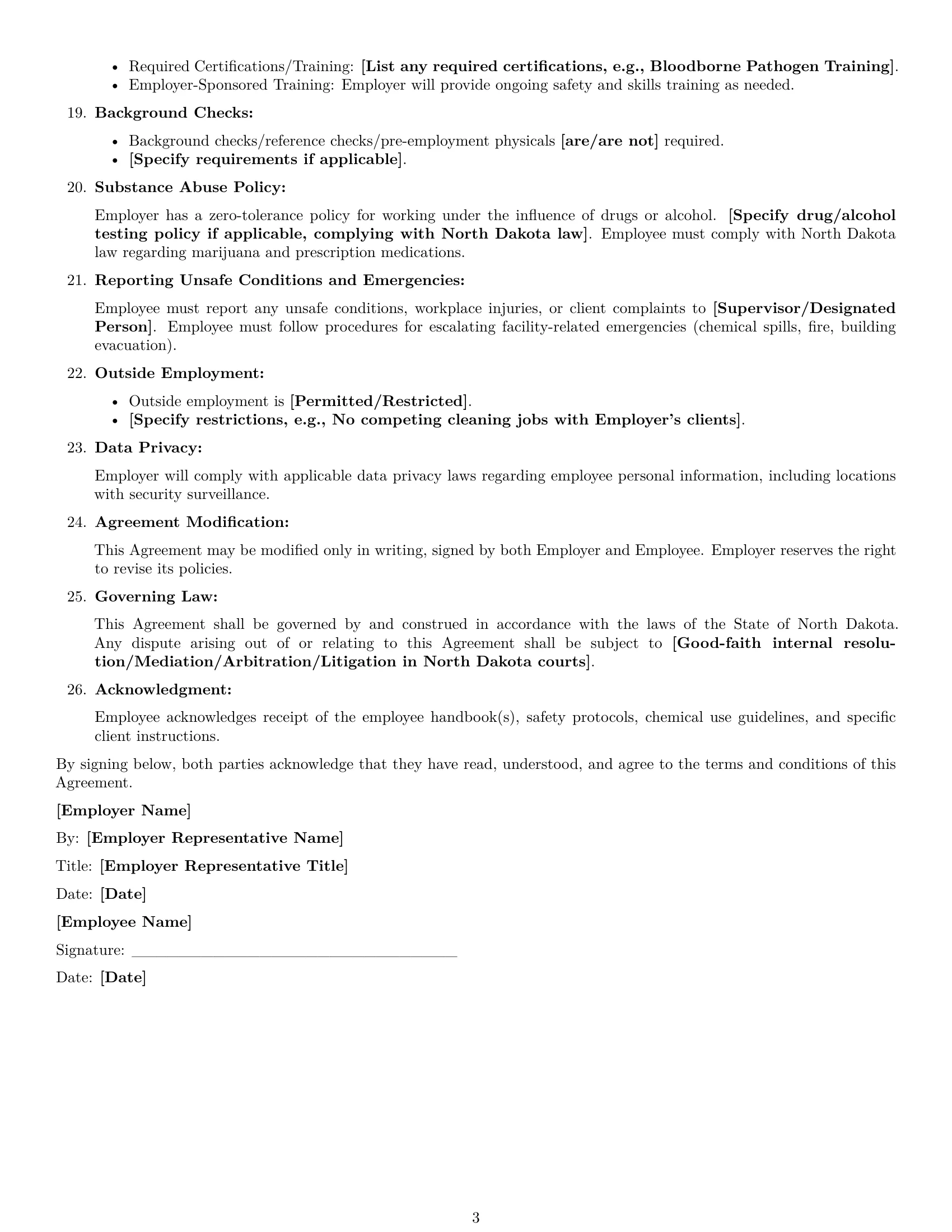 Preview page 3 of Free North Dakota cleaner employment contract template