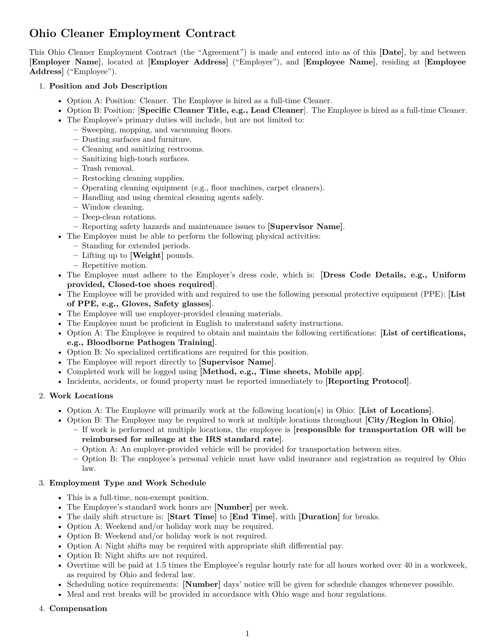 Preview page 1 of Free Ohio cleaner employment contract template