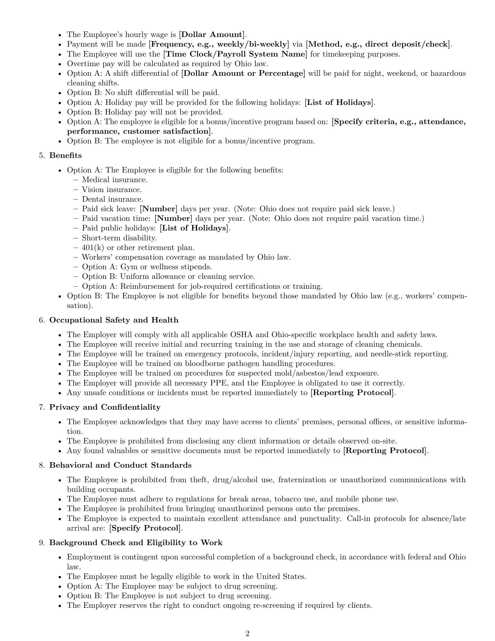 Preview page 2 of Free Ohio cleaner employment contract template