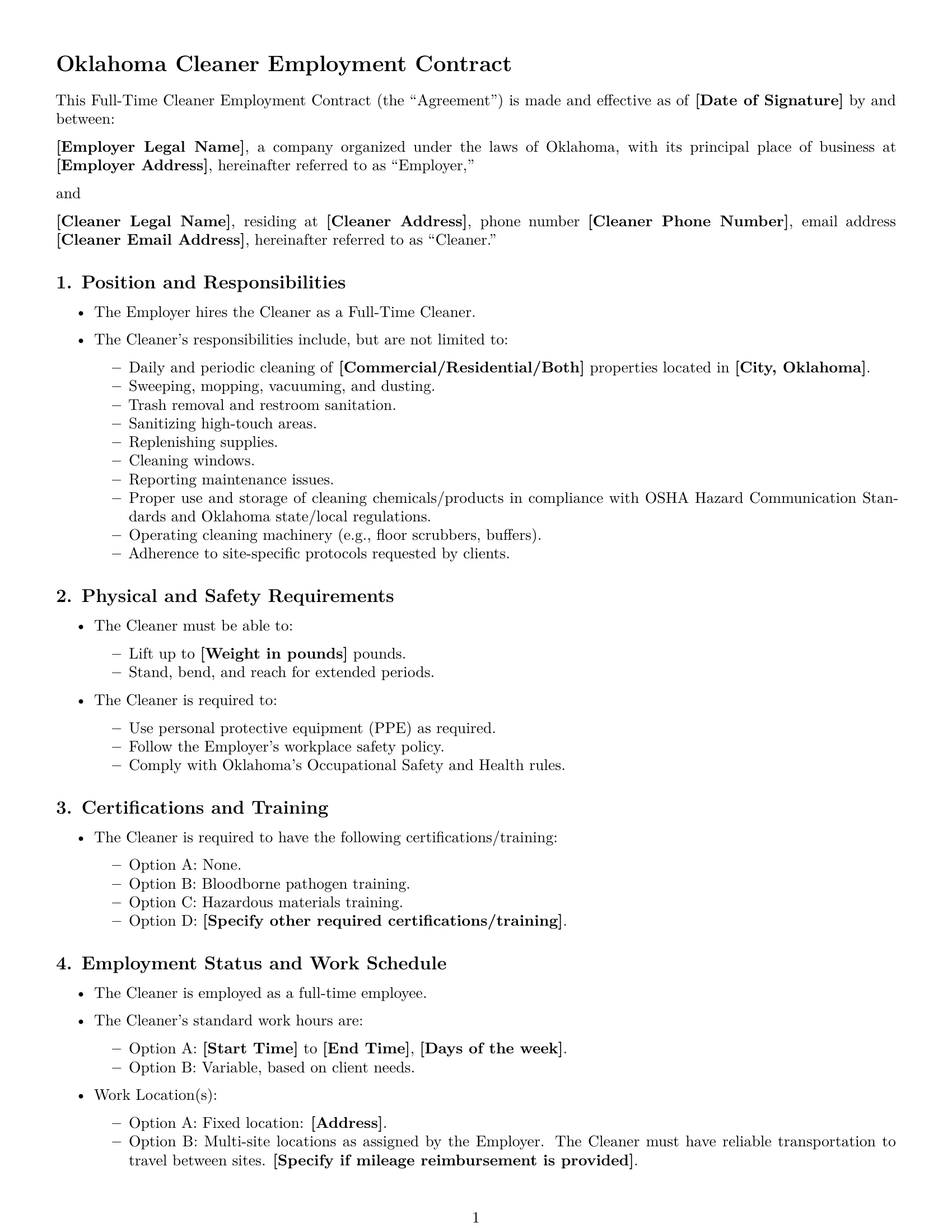 Preview page 1 of Free Oklahoma cleaner employment contract template