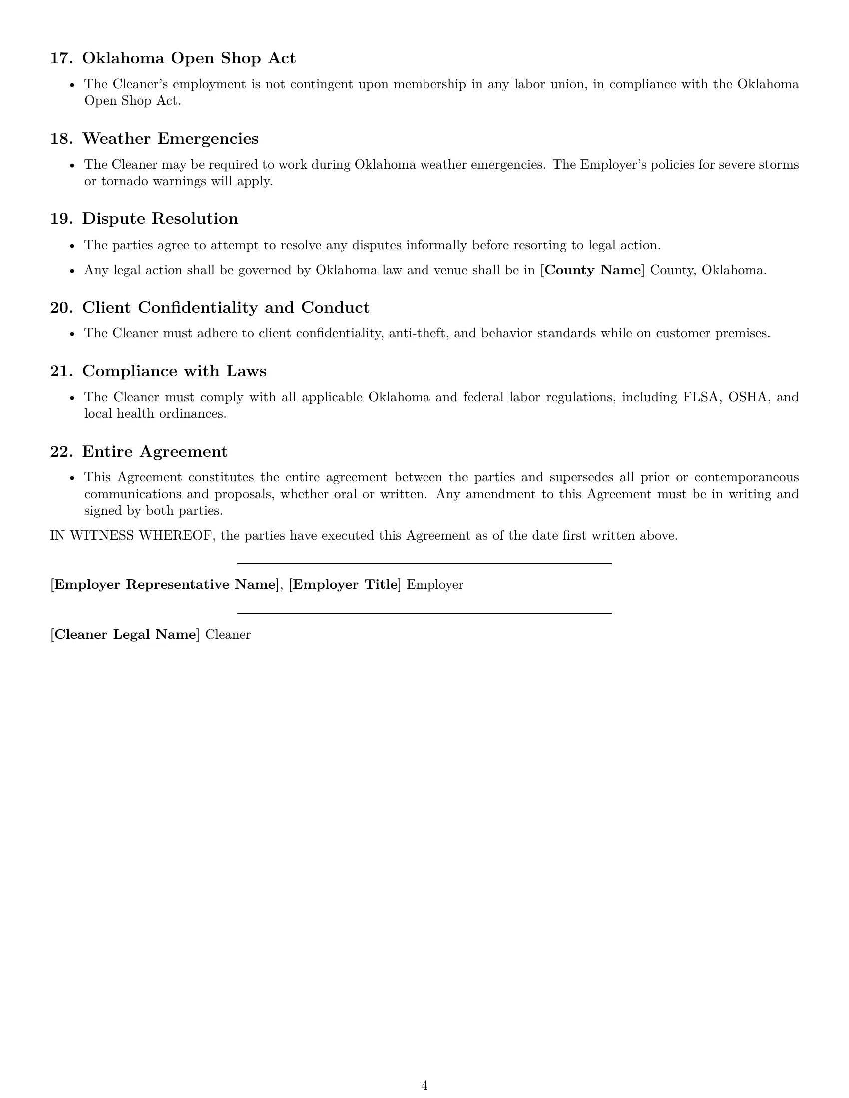 Preview page 4 of Free Oklahoma cleaner employment contract template