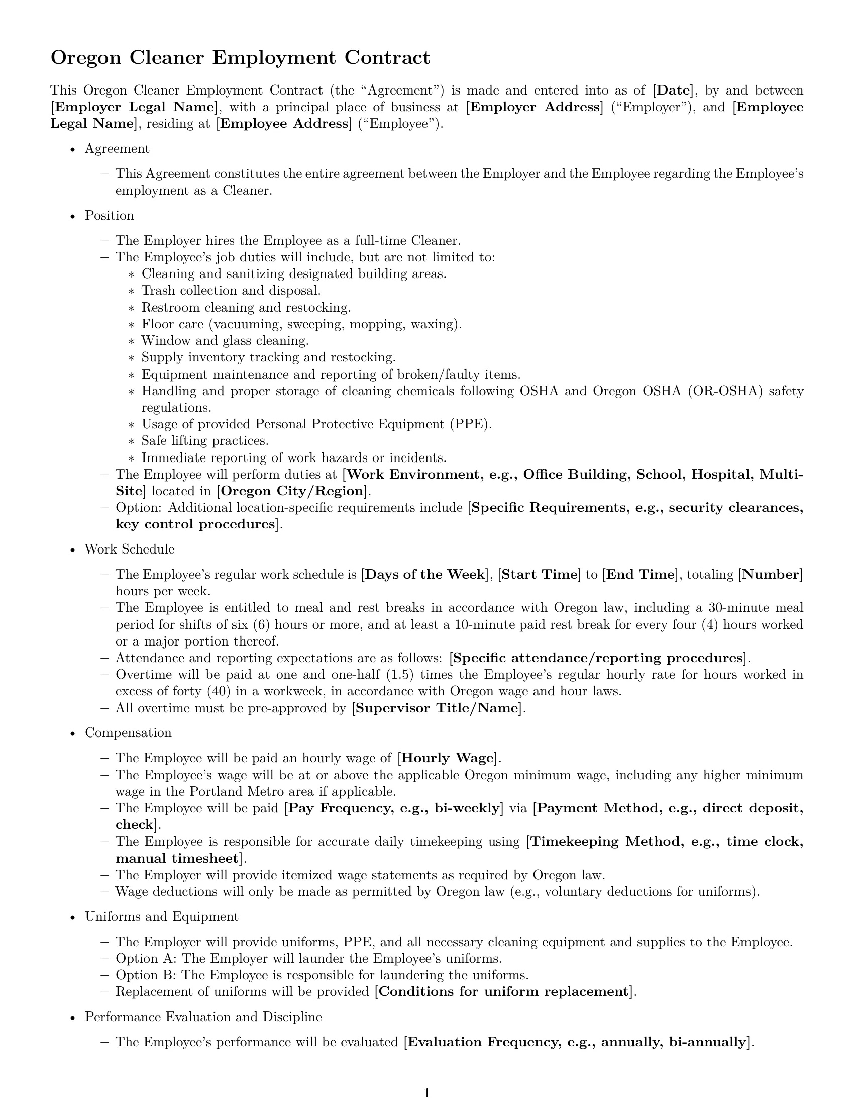 Preview page 1 of Free Oregon cleaner employment contract template