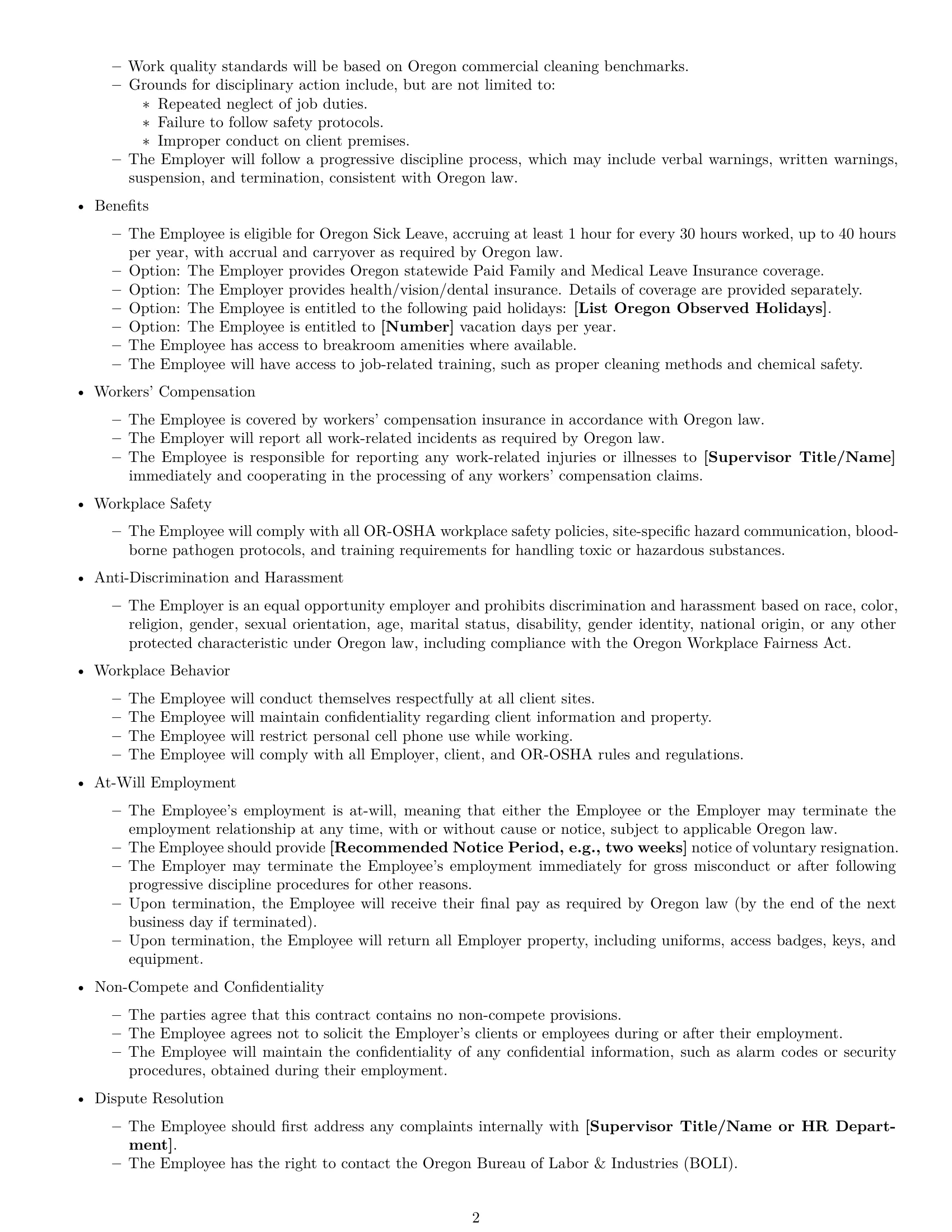 Preview page 2 of Free Oregon cleaner employment contract template