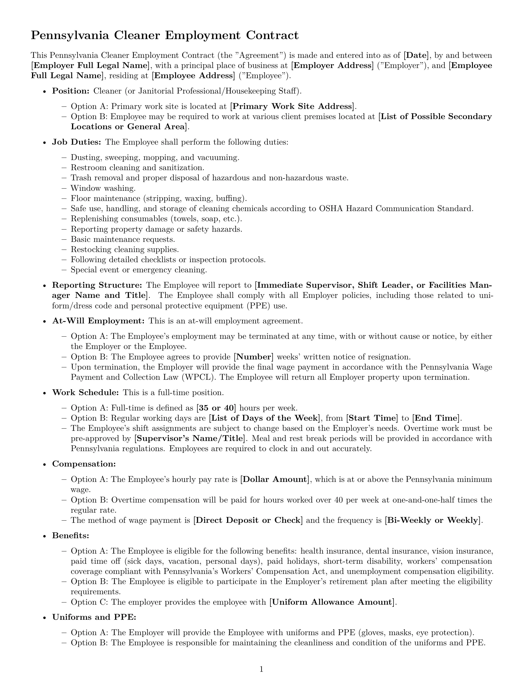 Preview page 1 of Free Pennsylvania cleaner employment contract template
