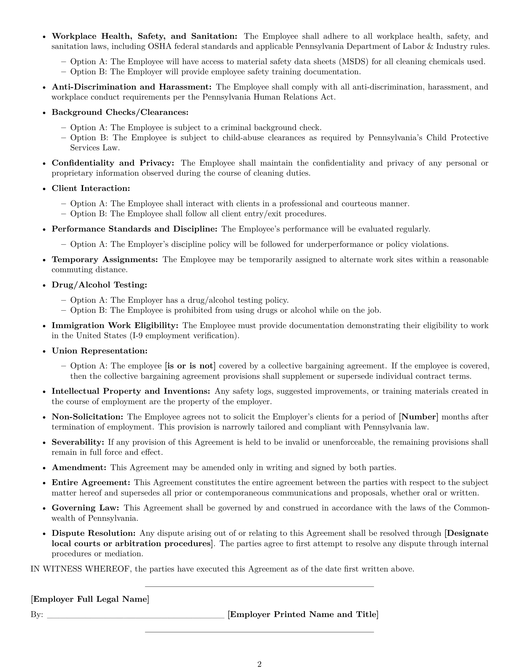 Preview page 2 of Free Pennsylvania cleaner employment contract template