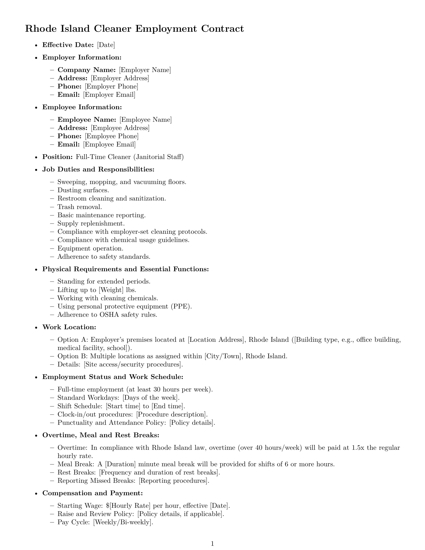 Preview page 1 of Free Rhode Island cleaner employment contract template