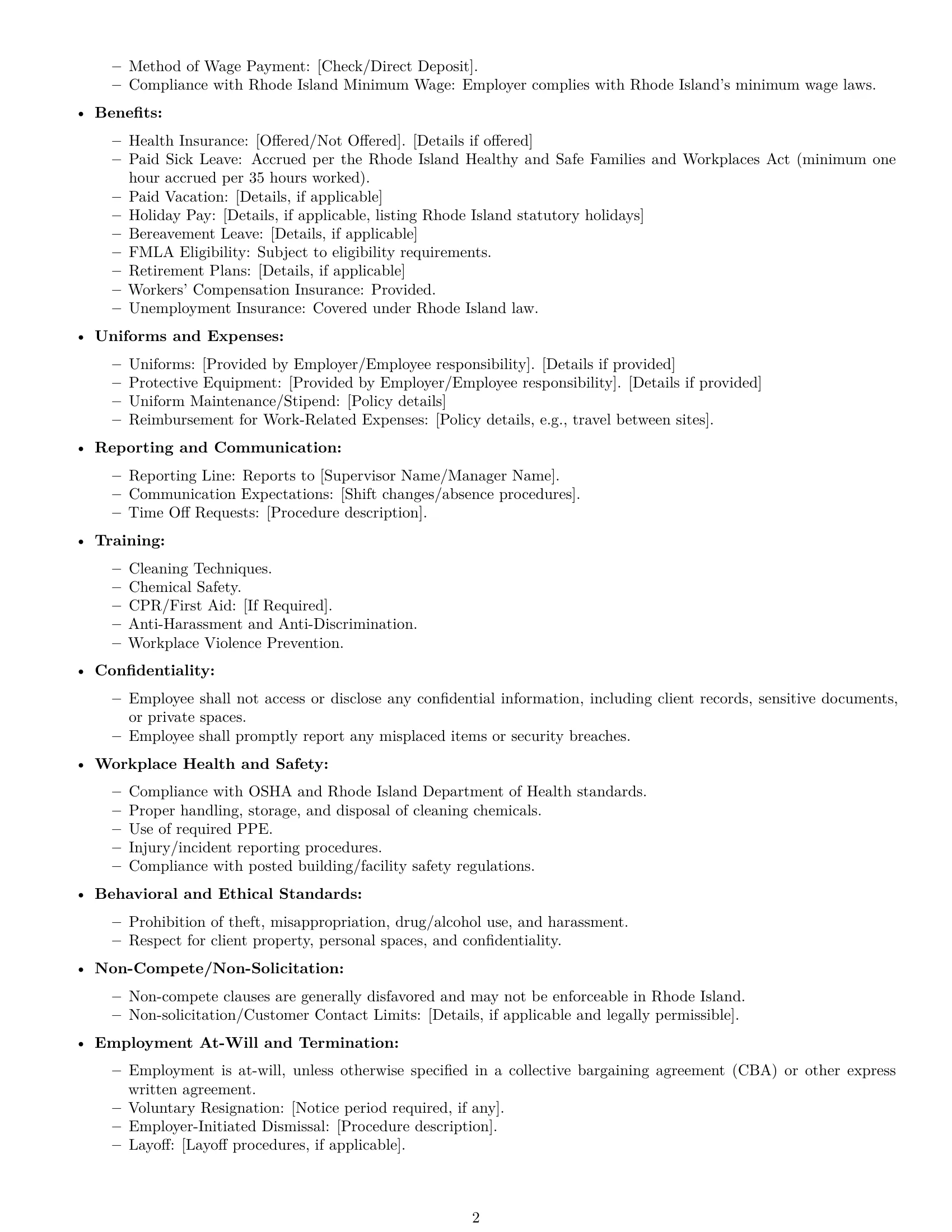 Preview page 2 of Free Rhode Island cleaner employment contract template