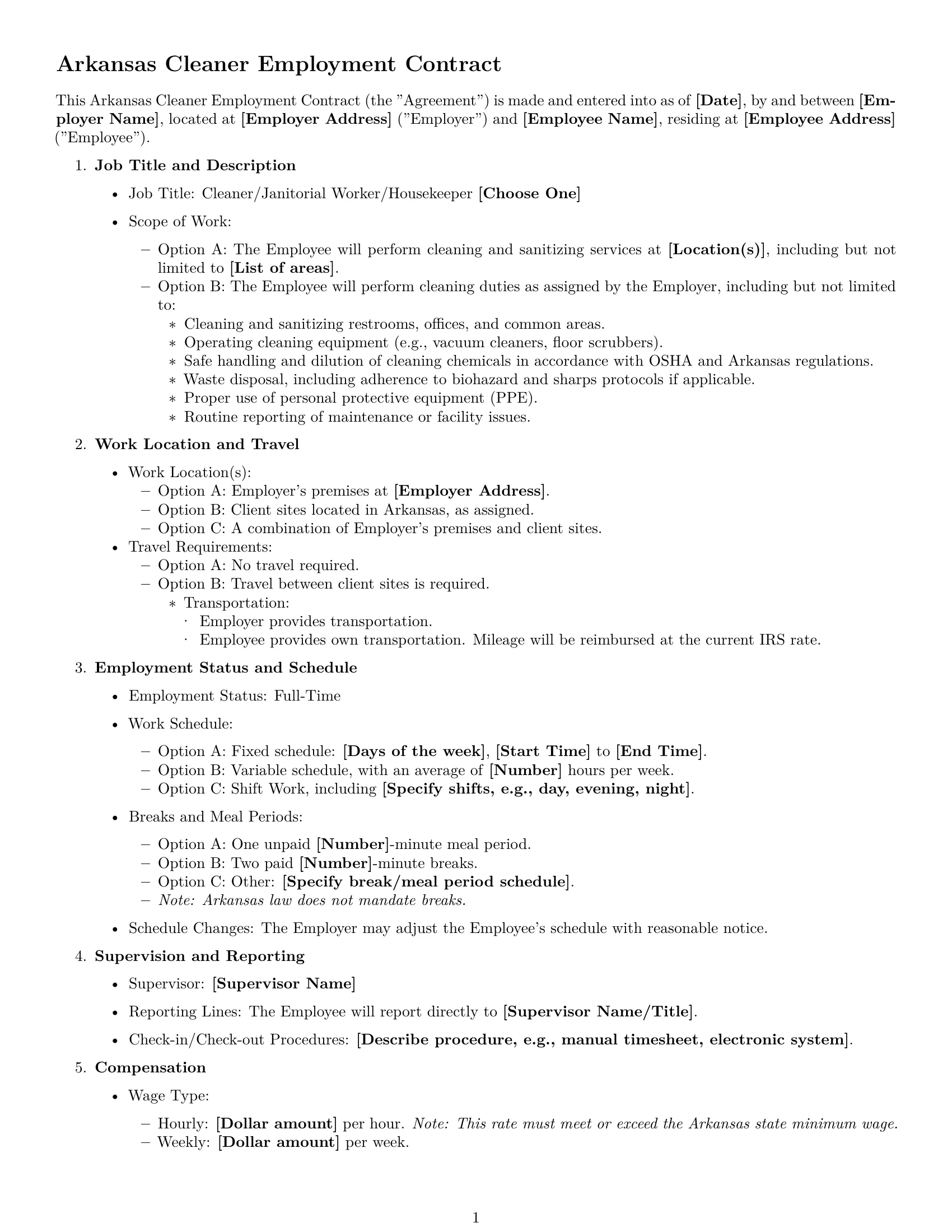 Preview page 1 of Free Arkansas cleaner employment contract template