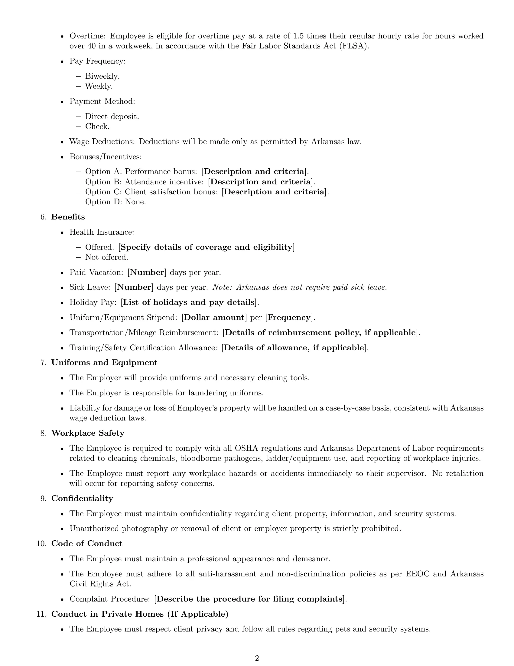 Preview page 2 of Free Arkansas cleaner employment contract template