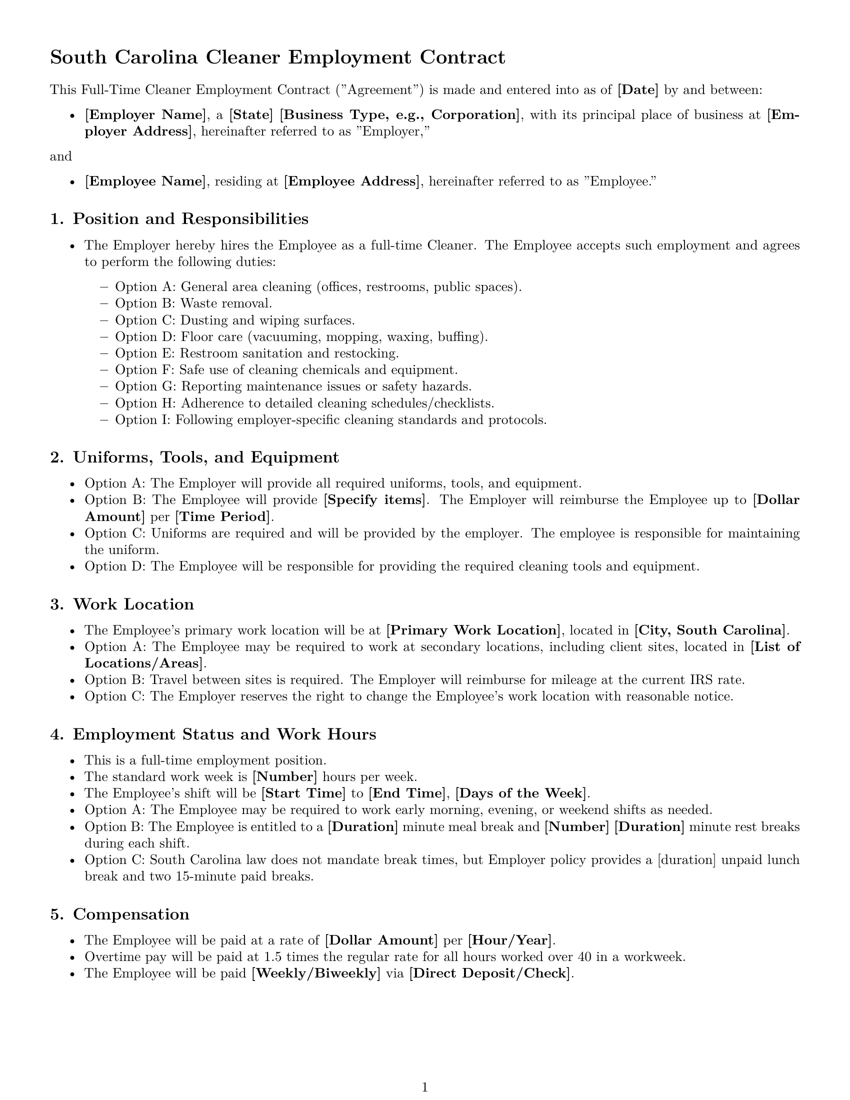 Preview page 1 of Free South Carolina cleaner employment contract template
