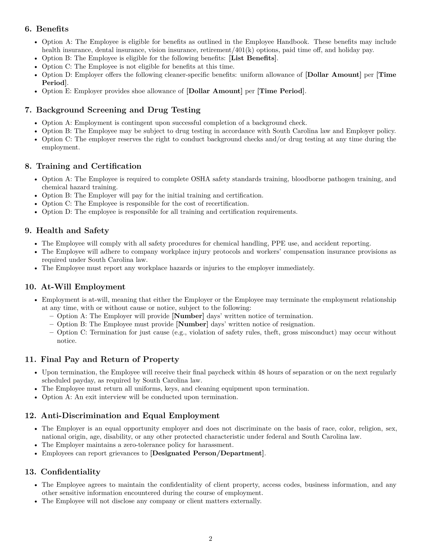 Preview page 2 of Free South Carolina cleaner employment contract template