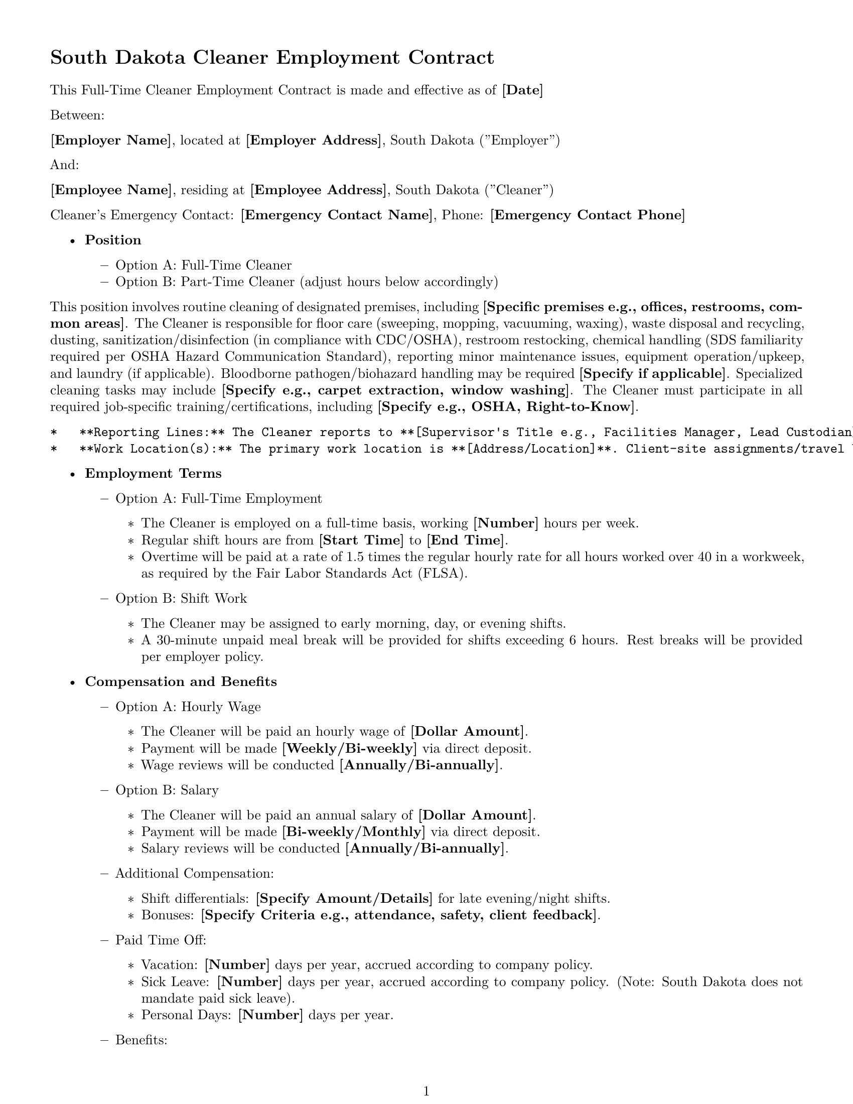 Preview page 1 of Free South Dakota cleaner employment contract template