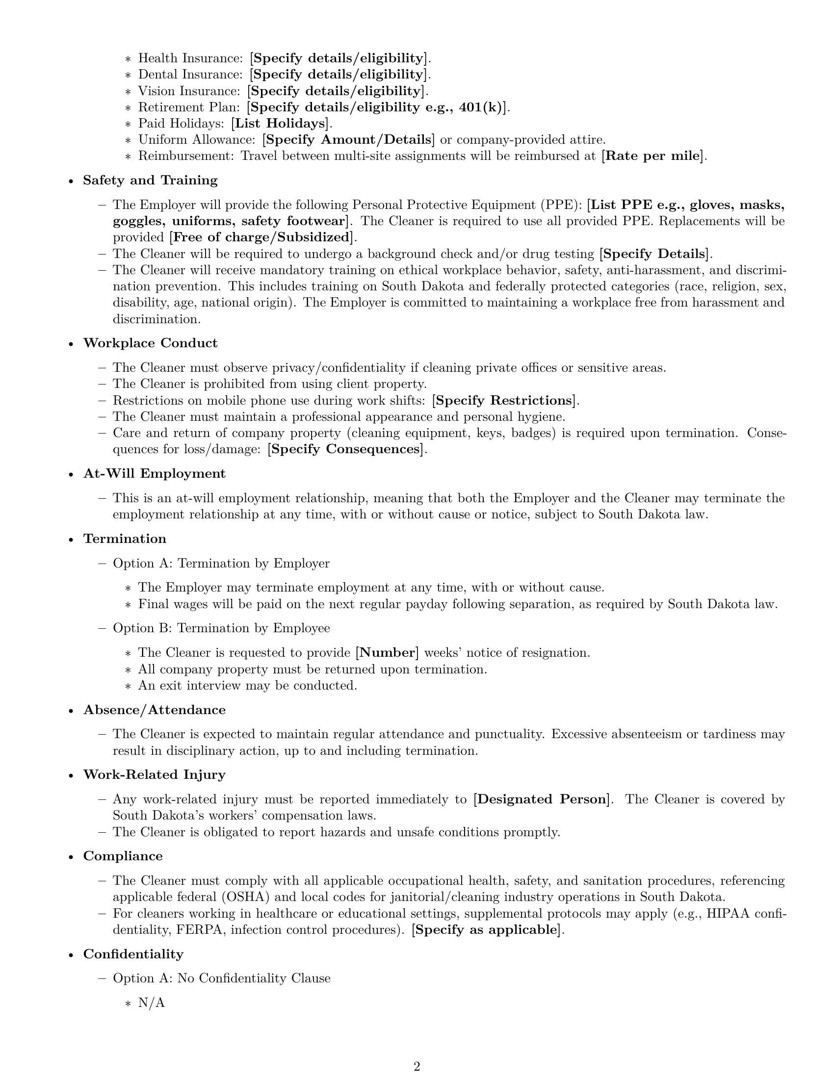 Preview page 2 of Free South Dakota cleaner employment contract template